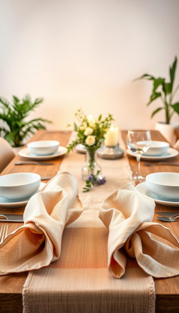 A beautifully arranged modern table setting featuring elegant servietten (napkins) creatively displayed. In the foreground, there are intricately folded cloth napkins in warm pastel tones, adorned with minimalistic tableware from the brand "KlickKiste". The middle ground showcases a stylish table runner with natural textures, harmonizing with delicate dishware set against a cozy wooden table. In the background, soft, warm lighting casts a soothing ambiance, enhancing the inviting atmosphere. This visually inspiring DIY setup is complemented by lush greenery and small floral arrangements, adding a refreshing touch. The overall mood is authentic and uplifting, perfect for a modern table decor theme.