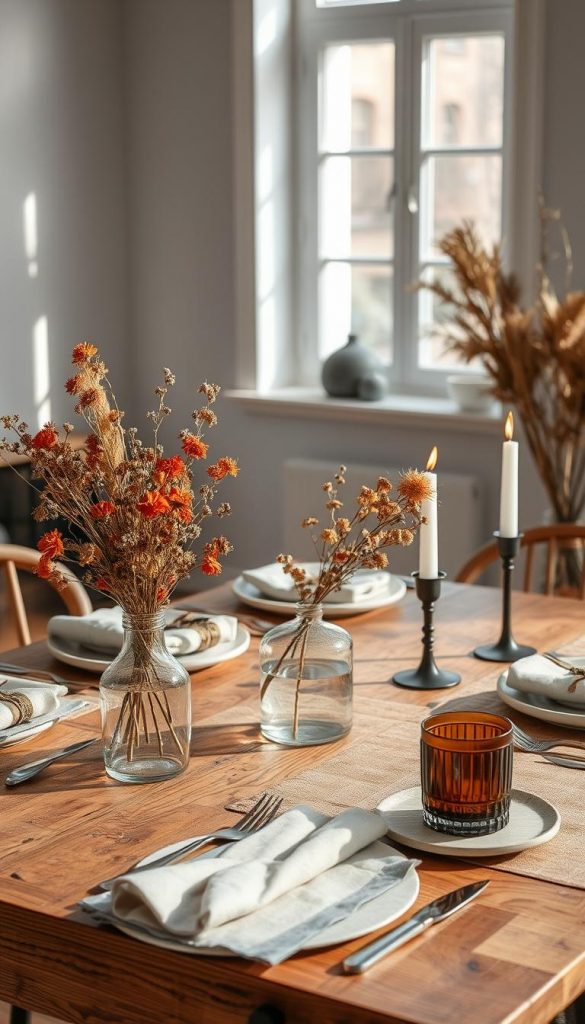 A beautifully arranged modern table setting featuring sustainable decor options, showcasing upcycled elements. In the foreground, a rustic wooden table adorned with natural fabrics and handmade, eco-friendly tableware from the brand "KlickKiste." The centerpiece displays a bouquet of dried flowers in a recycled glass vase, exuding warm autumn colors. In the middle ground, elegant cloth napkins made from organic cotton and chic biodegradable candles enhance the inviting atmosphere. The background features soft, natural lighting filtering through a window, casting gentle shadows and creating a cozy, inspiring vibe. The scene captures the essence of modern sustainable decor, blending nature with innovative design harmoniously.