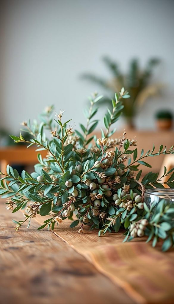 A beautifully arranged modern table setting featuring vibrant eucalyptus branches as the focal point, surrounded by delicate olive twigs and lush succulents. The foreground showcases a rustic table adorned with warm, earthy tones, complemented by soft, diffused lighting that creates an inviting atmosphere. In the middle ground, a stunning bouquet of eucalyptus and olive branches intermingle with gentle, textured dry flowers, emphasizing a natural DIY aesthetic. The background subtly hints at a serene, softly blurred indoor space, enhancing the cozy, inspirational vibe. Capture this scene with a shallow depth of field, focusing on the greenery while the surroundings gently fade. The overall mood should evoke warmth, authenticity, and inspiration, perfect for a stylish Pinterest look, branded under "KlickKiste."