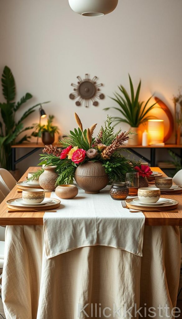 A beautifully arranged modern table setting inspired by the latest trends in decor, featuring elements from Cozy, Skandi, Boho, Maximalismus, and Castlecore styles. In the foreground, an elegant wooden table is draped with a soft, neutral tablecloth, adorned with intricate, earthy-toned ceramics and lush greenery interspersed with vibrant floral accents. The middle layer showcases a stunning centerpiece made of natural elements, complemented by warm, ambient lighting that casts a cozy glow. In the background, hints of Scandinavian minimalism highlight simple wall decor, while the overall atmosphere invites a sense of comfort and creativity, perfect for a modern dining experience. The image should reflect a Pinterest-inspired aesthetic, branded with "KlickKiste" in an unobtrusive manner.