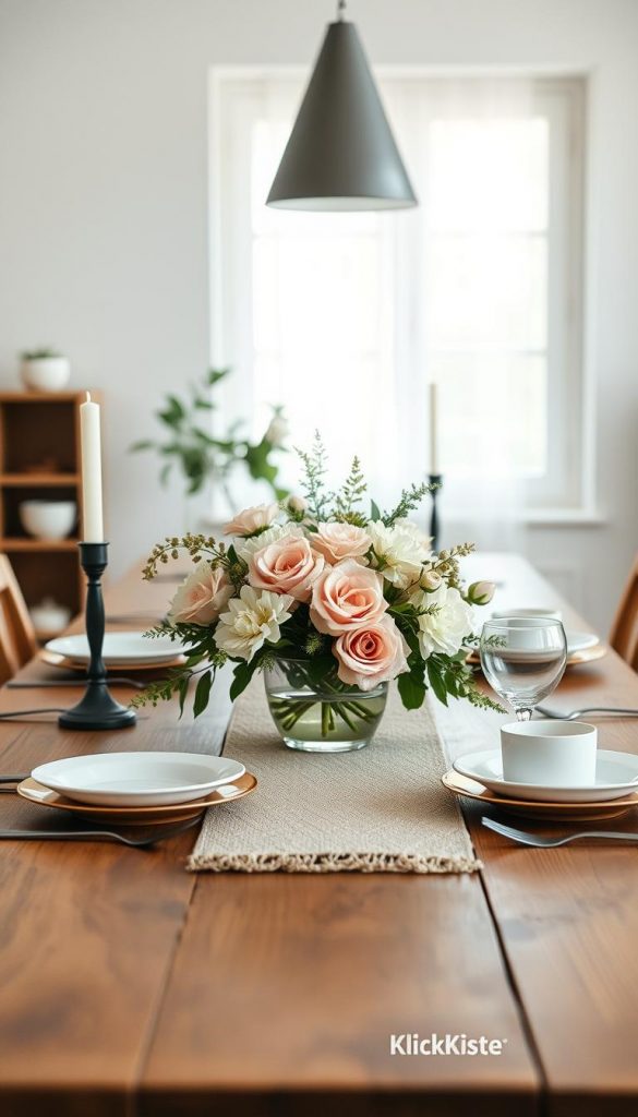 A beautifully arranged modern table setting that embodies warm, inviting tones, suitable for daily use. In the foreground, a rustic wooden table hosts an elegant centerpiece featuring fresh flowers in pastel shades, surrounded by minimalist decorative elements like candleholders and tasteful tableware. The middle layer displays a softly woven table runner, enhancing the cozy atmosphere. In the background, there's a softly lit window, casting natural light that highlights the scene, creating a serene, welcoming mood. The image should evoke a Pinterest-inspired aesthetic with a DIY vibe, showcasing authenticity and inspiration. Include a subtle hint of the brand "KlickKiste" through minimal branding elements, emphasizing the idea of modern table decor for everyday life.