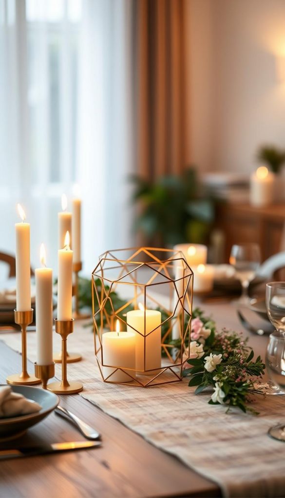 A beautifully arranged modern table setting that showcases a stylish "kerzenhalter" (candle holder) as the centerpiece. The holder features an intricate geometric design, made of warm-toned metal, inviting an atmosphere of elegance. In the foreground, several taper candles in harmonious shades of cream and soft gold illuminate the scene, casting gentle shadows. The middle ground includes a rustic wooden table adorned with a textured linen runner, complemented by fresh greenery and delicate flowers, creating a natural DIY aesthetic. The background hints at a softly blurred room with warm, ambient light filtered through sheer curtains, enhancing the cozy and inviting mood. The overall composition should evoke a sense of inspiration, reflecting the brand "KlickKiste" with an authentic Pinterest-worthy look.