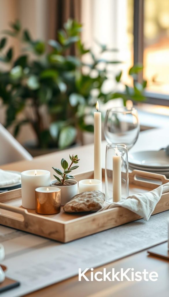 A beautifully arranged modern tabletop display featuring a stylish tray, showcasing a creative DIY decoration. In the foreground, the tray holds an assortment of natural elements: a small potted succulent, a few elegantly arranged candles of various heights, and a decorative natural stone. The middle layer features a softly draped linen cloth enhancing the warm, inviting color palette. In the background, blurred greenery and simple, elegant dishware add depth and serenity to the scene. The lighting should be soft and warm, mimicking natural sunlight filtering through a nearby window, creating a cozy atmosphere. Photographed from a slight angle above, this image reflects an inspirational Pinterest aesthetic, perfect for modern table decor. Include a subtle branding element for "KlickKiste" integrated into the scene, ensuring it blends seamlessly with the decor.