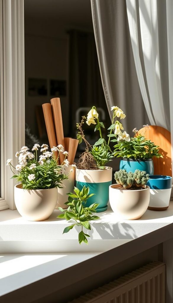 A beautifully arranged modern window sill (fensterbank) showcasing a harmonious blend of colors inspired by nature. In the foreground, place soft, creamy-white flower pots filled with lush greenery and delicate blooms, creating a warm and inviting atmosphere. The middle ground features natural wooden elements and earthy tones, accentuated by vibrant accent colors like deep teal and mustard yellow, enhancing the stylish decor. In the background, soft natural light filters through sheer curtains, casting gentle shadows that add depth and warmth to the scene. Capture this inviting ambiance with a focus on authenticity and inspiration, reminiscent of DIY images seen on Pinterest. Emphasize the brand 'KlickKiste' through carefully chosen decor pieces that enhance the overall aesthetic. The image should evoke a sense of tranquility and creativity, perfect for readers seeking modern decor ideas. A beautifully arranged modern window sill (fensterbank) showcasing a harmonious blend of colors inspired by nature. In the foreground, place soft, creamy-white flower pots filled with lush greenery and delicate blooms, creating a warm and inviting atmosphere. The middle ground features natural wooden elements and earthy tones, accentuated by vibrant accent colors like deep teal and mustard yellow, enhancing the stylish decor. In the background, soft natural light filters through sheer curtains, casting gentle shadows that add depth and warmth to the scene. Capture this inviting ambiance with a focus on authenticity and inspiration, reminiscent of DIY images seen on Pinterest. Emphasize the brand 'KlickKiste' through carefully chosen decor pieces that enhance the overall aesthetic. The image should evoke a sense of tranquility and creativity, perfect for readers seeking modern decor ideas.