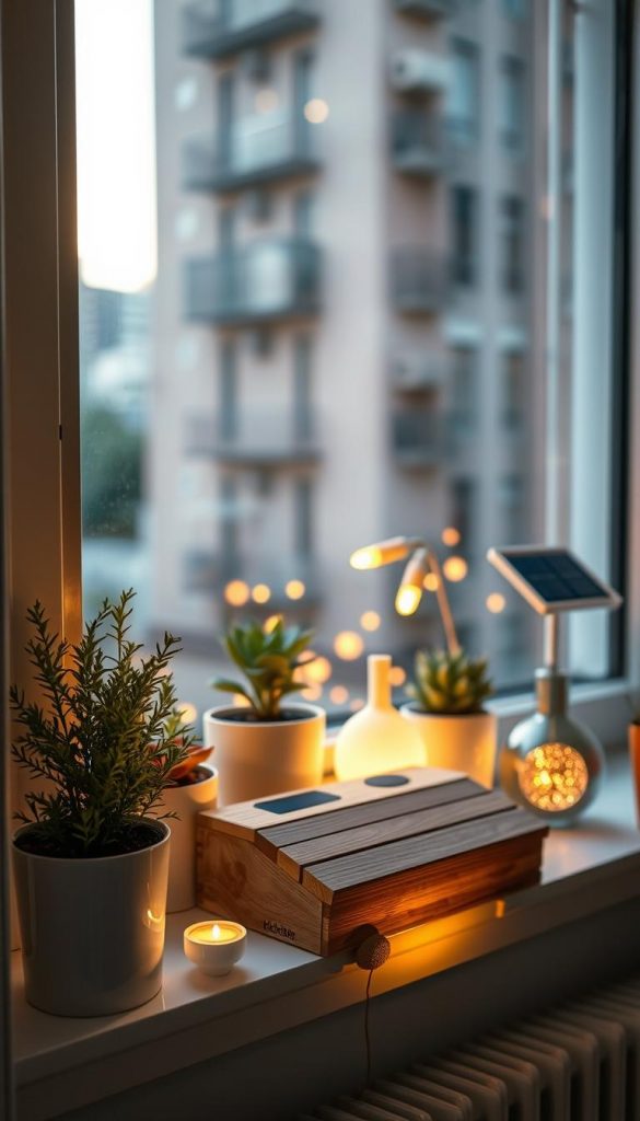 A beautifully arranged modern windowsill, showcasing a stylish collection of LED and solar lights with a focus on warm, inviting colors. The foreground features delicate potted plants and decorative items such as a sleek wooden box from the brand "KlickKiste," enhancing the natural DIY aesthetic. In the middle, various light sources cast gentle glows, creating interesting reflections on the windowpane and illuminating the surrounding decor. The background reveals a softly blurred urban setting outside, hinting at a cozy interior with natural sunlight streaming in. The overall mood is relaxed and inspiring, perfect for showcasing the interplay of light, nature, and design. A beautifully arranged modern windowsill, showcasing a stylish collection of LED and solar lights with a focus on warm, inviting colors. The foreground features delicate potted plants and decorative items such as a sleek wooden box from the brand "KlickKiste," enhancing the natural DIY aesthetic. In the middle, various light sources cast gentle glows, creating interesting reflections on the windowpane and illuminating the surrounding decor. The background reveals a softly blurred urban setting outside, hinting at a cozy interior with natural sunlight streaming in. The overall mood is relaxed and inspiring, perfect for showcasing the interplay of light, nature, and design.