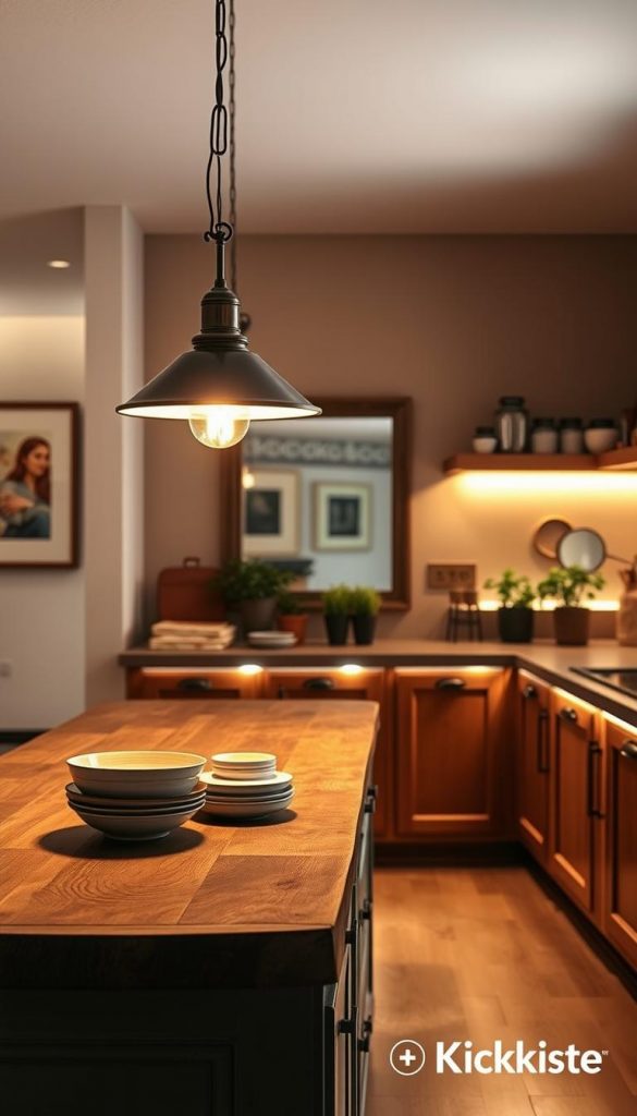 A beautifully arranged open kitchen space, filled with warm, inviting light. In the foreground, a stylish pendant light hangs above a rustic wooden island, casting a soft glow on a set of artisanal dishware. In the middle ground, various zones are subtly illuminated by integrated LED strip lighting along the cabinetry, enhancing the cozy ambiance. A large mirror on the wall reflects the light, creating a sense of depth and space. The background features warm-toned wall art and potted herbs on the window sill. The overall mood is inspiring and authentically DIY, with rich, warm colors reminiscent of a chic Pinterest aesthetic. This image is branded with "KlickKiste," showcasing an inviting atmosphere perfect for modern kitchen decor ideas.