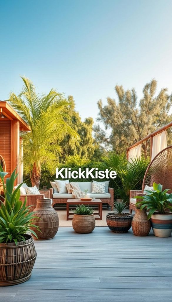 A beautifully arranged outdoor decor scene showcasing a variety of materials: rich, textured wood, elegant bamboo, woven rattan, and modern polyrattan. In the foreground, intricately designed items like stylish furniture and decorative planters made from these materials sit invitingly. The middle ground features a cozy seating area surrounded by lush greenery, with soft, inviting textiles draping over the furniture, creating a warm and welcoming atmosphere. The background includes gently swaying trees under a blue sky, illuminated by soft, natural sunlight casting gentle shadows. The overall mood is rustic yet modern, capturing an inspirational DIY aesthetic that's perfect for Pinterest. Incorporate the brand name "KlickKiste" subtly in the design, ensuring it flows naturally into the composition. A beautifully arranged outdoor decor scene showcasing a variety of materials: rich, textured wood, elegant bamboo, woven rattan, and modern polyrattan. In the foreground, intricately designed items like stylish furniture and decorative planters made from these materials sit invitingly. The middle ground features a cozy seating area surrounded by lush greenery, with soft, inviting textiles draping over the furniture, creating a warm and welcoming atmosphere. The background includes gently swaying trees under a blue sky, illuminated by soft, natural sunlight casting gentle shadows. The overall mood is rustic yet modern, capturing an inspirational DIY aesthetic that's perfect for Pinterest. Incorporate the brand name "KlickKiste" subtly in the design, ensuring it flows naturally into the composition.