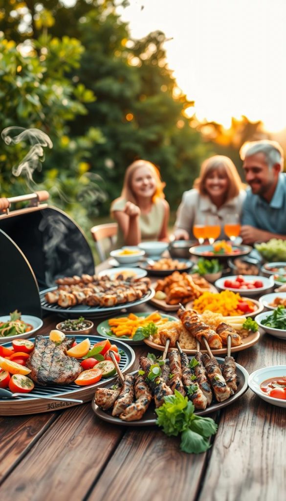 A beautifully arranged outdoor family barbecue scene featuring a variety of grilled dishes. In the foreground, a wooden table is laden with colorful platters of grilled vegetables, skewered meats, and fresh salads, all garnished with herbs. Juicy steaks and shish kebabs are sizzling on a black grill with smoke curling up, evoking a mouthwatering aroma. In the middle ground, a cheerful family enjoying a meal together, dressed in casual, modest clothing, sharing laughter and joy. In the background, lush greenery and a sunny sky create a warm, inviting atmosphere, enhanced by soft golden lighting reminiscent of a late afternoon. The image should capture the essence of togetherness and the joy of family grilling traditions, all in a warm Pinterest-inspired aesthetic. Branding elements like "KlickKiste" subtly woven into the scene. A beautifully arranged outdoor family barbecue scene featuring a variety of grilled dishes. In the foreground, a wooden table is laden with colorful platters of grilled vegetables, skewered meats, and fresh salads, all garnished with herbs. Juicy steaks and shish kebabs are sizzling on a black grill with smoke curling up, evoking a mouthwatering aroma. In the middle ground, a cheerful family enjoying a meal together, dressed in casual, modest clothing, sharing laughter and joy. In the background, lush greenery and a sunny sky create a warm, inviting atmosphere, enhanced by soft golden lighting reminiscent of a late afternoon. The image should capture the essence of togetherness and the joy of family grilling traditions, all in a warm Pinterest-inspired aesthetic. Branding elements like "KlickKiste" subtly woven into the scene.