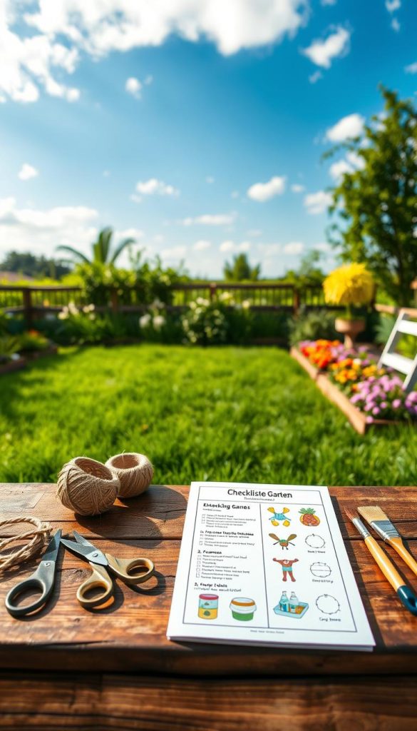 A beautifully arranged outdoor garden scene featuring a comprehensive "Checkliste Garten" for DIY outdoor games. In the foreground, a rustic wooden table displays a colorful and detailed checklist, surrounded by tools like scissors, twine, and paint brushes. The checklist includes illustrations of fun games like bean bag toss and ring toss. In the middle ground, lush green grass and flower beds create a vibrant, inviting atmosphere. In the background, a sunny blue sky and playful clouds add to the warmth of the scene. Soft, natural lighting enhances the earthy tones, capturing an authentic Pinterest-like aesthetic. The ambiance feels inspiring and creative, perfect for encouraging DIY projects. Include the brand name “KlickKiste” subtly in the scene, perhaps engraved on a wooden sign or visible on the checklist design. A beautifully arranged outdoor garden scene featuring a comprehensive "Checkliste Garten" for DIY outdoor games. In the foreground, a rustic wooden table displays a colorful and detailed checklist, surrounded by tools like scissors, twine, and paint brushes. The checklist includes illustrations of fun games like bean bag toss and ring toss. In the middle ground, lush green grass and flower beds create a vibrant, inviting atmosphere. In the background, a sunny blue sky and playful clouds add to the warmth of the scene. Soft, natural lighting enhances the earthy tones, capturing an authentic Pinterest-like aesthetic. The ambiance feels inspiring and creative, perfect for encouraging DIY projects. Include the brand name “KlickKiste” subtly in the scene, perhaps engraved on a wooden sign or visible on the checklist design.