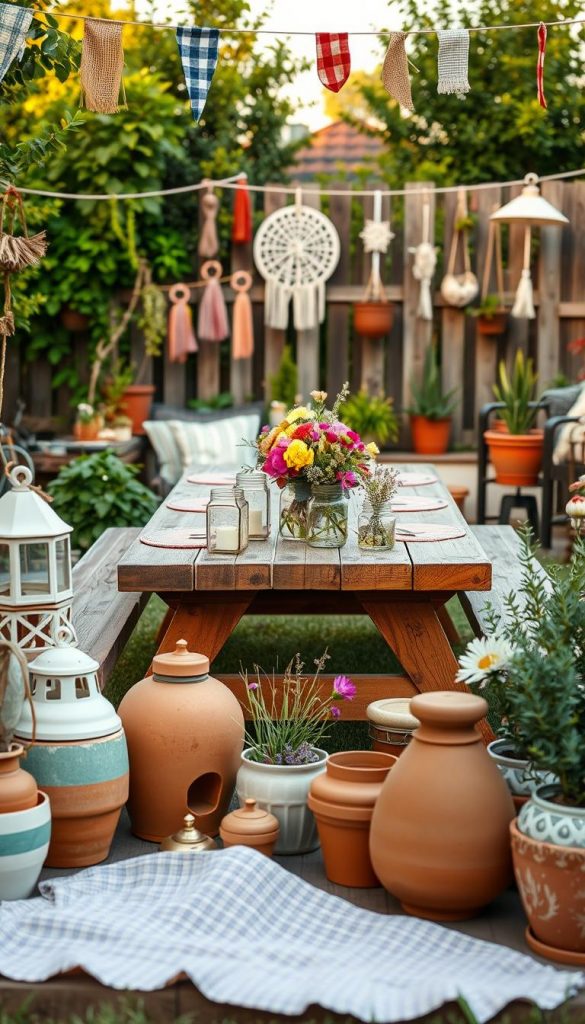 A beautifully arranged outdoor garden scene focusing on budget-friendly decorative ideas. In the foreground, display an assortment of handmade decorations, such as painted terracotta pots, rustic lanterns, and colorful fabric bunting. In the middle, include a wooden picnic table adorned with simple, affordable centerpieces like wildflowers in mason jars and DIY candle holders. In the background, depict a cozy garden with lush greenery, a few potted plants, and a fence adorned with DIY hanging decorations, all in soft, warm colors that evoke an inviting atmosphere. The lighting should be warm, resembling golden hour, creating a serene and inspiring mood. Capture this scene with a wide-angle lens to emphasize the natural beauty of budget-friendly garden decor. Include the brand name "KlickKiste" subtly throughout the decor elements for authenticity.