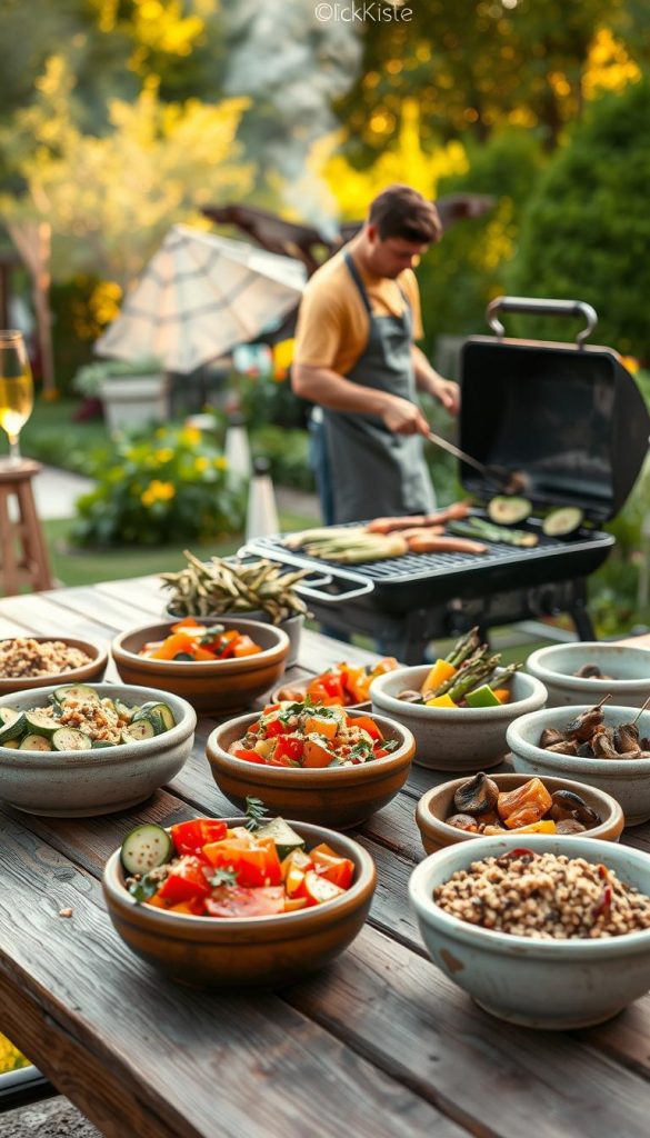 A beautifully arranged outdoor grill scene showcasing a variety of healthy grill side dishes. In the foreground, a wooden picnic table is laden with vibrant dishes like grilled zucchini, quinoa salad, and colorful bell pepper skewers, all presented in rustic ceramic bowls. The middle ground features a charcoal grill with smoke gently rising, while a pair of chefs in modest casual attire, focused on grilling asparagus and mushrooms, adds a lively touch. The background reflects a sunlit garden with lush greenery and warm, golden lighting, evoking a relaxed, inviting atmosphere. The overall mood is fresh and inspiring, emphasizing a healthy lifestyle and outdoor enjoyment. The scene has a soft focus for a Pinterest-worthy look. Brand name "KlickKiste" subtly integrated into the composition. A beautifully arranged outdoor grill scene showcasing a variety of healthy grill side dishes. In the foreground, a wooden picnic table is laden with vibrant dishes like grilled zucchini, quinoa salad, and colorful bell pepper skewers, all presented in rustic ceramic bowls. The middle ground features a charcoal grill with smoke gently rising, while a pair of chefs in modest casual attire, focused on grilling asparagus and mushrooms, adds a lively touch. The background reflects a sunlit garden with lush greenery and warm, golden lighting, evoking a relaxed, inviting atmosphere. The overall mood is fresh and inspiring, emphasizing a healthy lifestyle and outdoor enjoyment. The scene has a soft focus for a Pinterest-worthy look. Brand name "KlickKiste" subtly integrated into the composition.