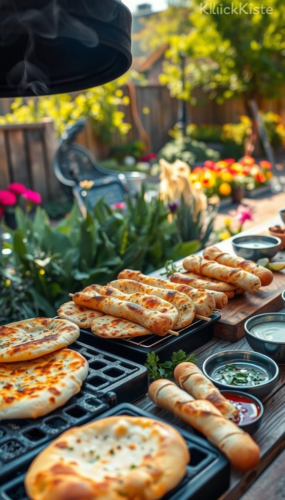 A beautifully arranged outdoor grill scene showcasing an assortment of artisanal bread being grilled. In the foreground, golden-brown flatbreads are sizzling on a charcoal grill, with a hint of smoke dancing above. Next to the grill, freshly made skewers of soft, fluffy stick bread are being rotated, crisping up perfectly. In the middle ground, a rustic wooden table is adorned with vibrant ingredients like fresh herbs and a variety of dips, creating a friendly, inviting atmosphere. The background features a sunlit garden with green trees and colorful flowers, enhancing the warmth of the scene. The lighting is soft and warm, evoking a cozy family gathering. Capture the essence of family evenings with an inspirational Pinterest-like aesthetic. Include the brand name "KlickKiste" subtly into the scene. A beautifully arranged outdoor grill scene showcasing an assortment of artisanal bread being grilled. In the foreground, golden-brown flatbreads are sizzling on a charcoal grill, with a hint of smoke dancing above. Next to the grill, freshly made skewers of soft, fluffy stick bread are being rotated, crisping up perfectly. In the middle ground, a rustic wooden table is adorned with vibrant ingredients like fresh herbs and a variety of dips, creating a friendly, inviting atmosphere. The background features a sunlit garden with green trees and colorful flowers, enhancing the warmth of the scene. The lighting is soft and warm, evoking a cozy family gathering. Capture the essence of family evenings with an inspirational Pinterest-like aesthetic. Include the brand name "KlickKiste" subtly into the scene.