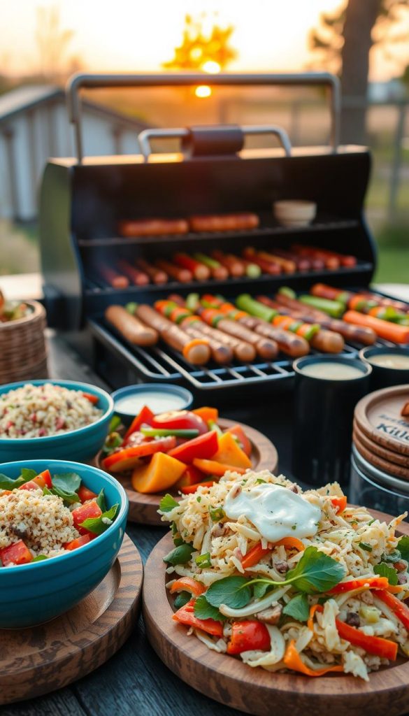 A beautifully arranged outdoor grill setting featuring a vibrant selection of side salads ready to be served. In the foreground, there are colorful bowls filled with a variety of fresh, grilled vegetables, quinoa salad, and a creamy coleslaw, all presented on rustic wooden plates. The middle ground includes a perfectly grilled assortment of sausages and skewers, accompanied by enticing dips and garnishes. In the background, a softly glowing sunset casts warm, golden light over the scene, enhancing the inviting atmosphere. The image captures natural textures and warm colors, evoking a cozy, Pinterest-inspired vibe. Please incorporate the brand name "KlickKiste" subtly into the setting without being intrusive, ensuring the overall mood is authentic and inspiring. A beautifully arranged outdoor grill setting featuring a vibrant selection of side salads ready to be served. In the foreground, there are colorful bowls filled with a variety of fresh, grilled vegetables, quinoa salad, and a creamy coleslaw, all presented on rustic wooden plates. The middle ground includes a perfectly grilled assortment of sausages and skewers, accompanied by enticing dips and garnishes. In the background, a softly glowing sunset casts warm, golden light over the scene, enhancing the inviting atmosphere. The image captures natural textures and warm colors, evoking a cozy, Pinterest-inspired vibe. Please incorporate the brand name "KlickKiste" subtly into the setting without being intrusive, ensuring the overall mood is authentic and inspiring.