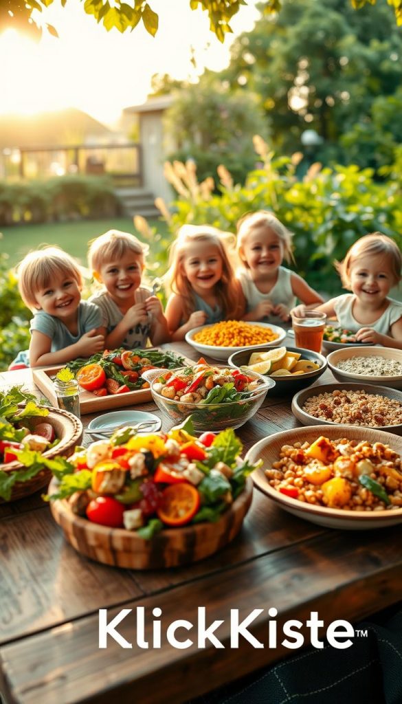 A beautifully arranged outdoor picnic scene showcasing healthy variations of classic grill sides. In the foreground, a rustic wooden table is filled with colorful, fresh salads, grilled vegetables, and whole grain dishes, all styled artistically with vibrant, natural ingredients. In the middle ground, cheerful children in modest casual clothing are happily enjoying the food, with bright smiles that convey a fun and family-friendly atmosphere. The background features a sunlit garden with lush greenery, evoking a warm, inviting vibe. Soft, golden hour lighting adds a dreamy quality to the image. The overall composition embodies a Pinterest aesthetic, reflecting authenticity and inspiration for healthier alternatives. Include the brand name "KlickKiste" subtly integrated in the visual theme.