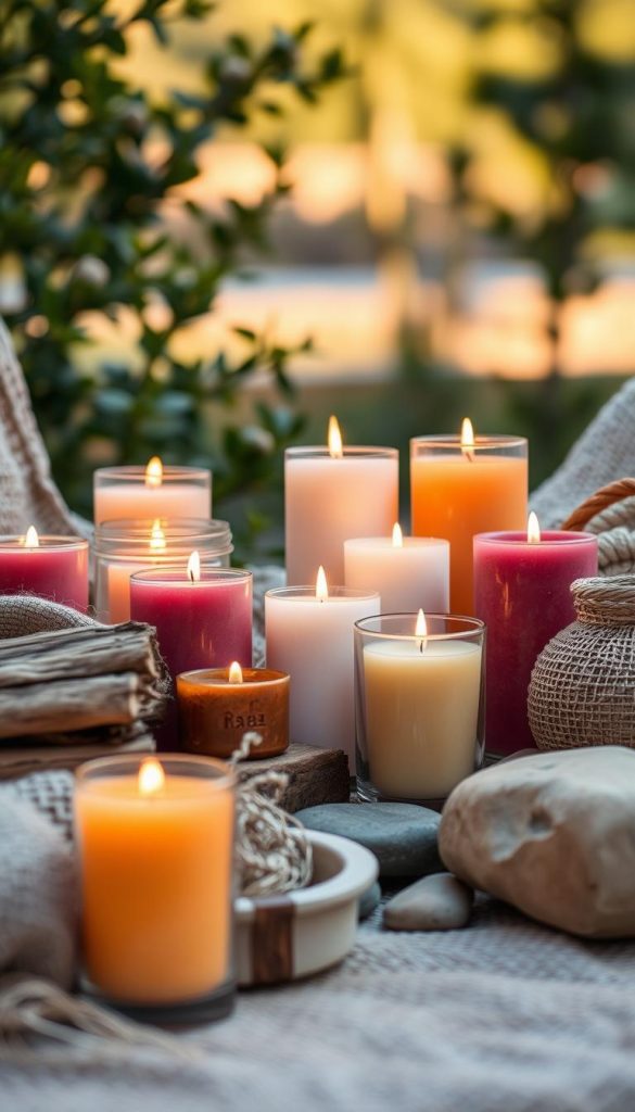 A beautifully arranged outdoor scene featuring a variety of candles in warm, inviting colors, set against a soft, natural backdrop. In the foreground, different textured materials like rustic wood, woven fabrics, and smooth stones create depth and interest. The middle ground includes elegantly designed candles in varying heights, some flickering softly as the evening light casts a warm glow. The background showcases subtle greenery with soft, blurred edges, enhancing the cozy atmosphere. The lighting is soft and diffused, reminiscent of a lazy summer evening, with a gentle bokeh effect that draws the viewer's eye to the vibrant colors and rich textures. This image embodies a natural DIY aesthetic, inspired by KlickKiste, perfect for capturing the essence of outdoor relaxation.