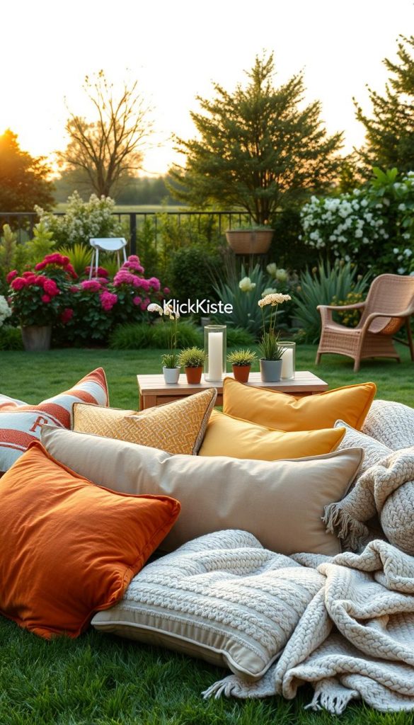 A beautifully arranged outdoor scene featuring soft, colorful cushions and blankets scattered across a lush green lawn, inviting relaxation and comfort. In the foreground, several plush, patterned cushions in warm tones such as terracotta, mustard yellow, and olive green are layered on a cozy outdoor lounge area, with a chunky knit blanket draped casually over one side. In the middle, a stylish, low wooden table with potted plants and candles enhances the inviting atmosphere. In the background, a softly lit garden with blooming flowers and softly swaying trees creates a serene setting under a warm, golden sunset. The composition mimics a Pinterest-inspired DIY aesthetic, embodying a natural and authentic vibe. Include subtle branding elements from "KlickKiste" in the decor. The mood is tranquil and inspiring, perfect for enhancing outdoor family gatherings.