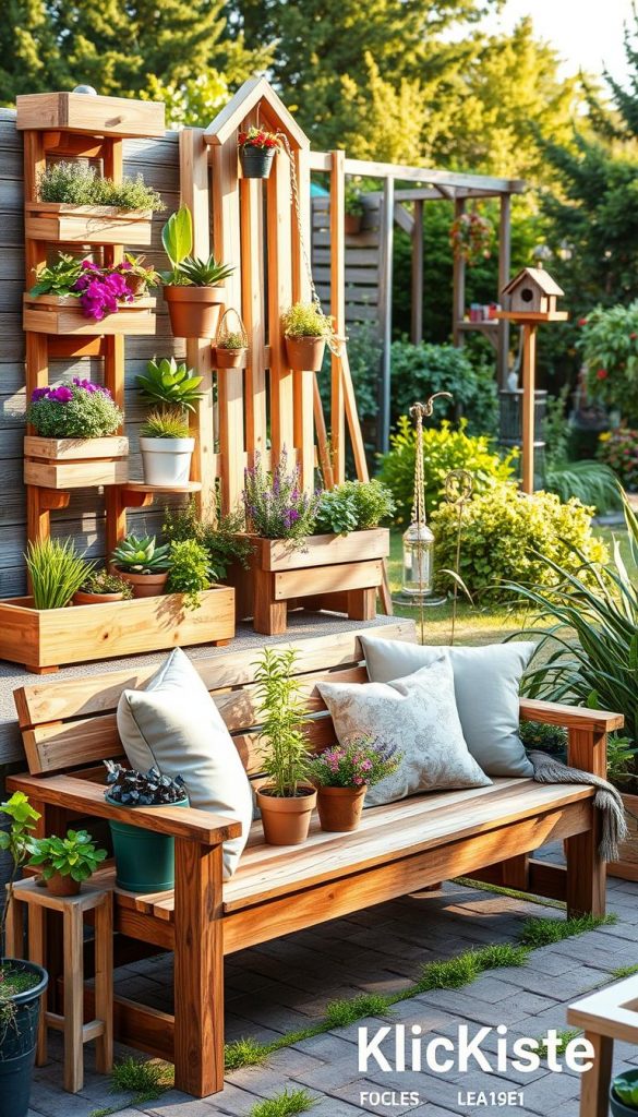 A beautifully arranged outdoor scene showcasing various modern wooden DIY garden projects reflecting upcycling techniques. In the foreground, a stylish wooden bench made from reclaimed wood, adorned with potted plants and soft cushions in natural hues. The middle ground features wooden planters and vertical gardens, filled with vibrant flowers and herbs, capturing the essence of clever reuse. The background reveals a lush garden with a mix of greenery and wooden structures, including a stylish trellis and birdhouse, all bathed in warm, golden sunlight. The atmosphere is inviting and inspiring, evoking a Pinterest aesthetic. The branding "KlickKiste" is subtly integrated into the scene, suggesting creativity and authenticity in garden design.