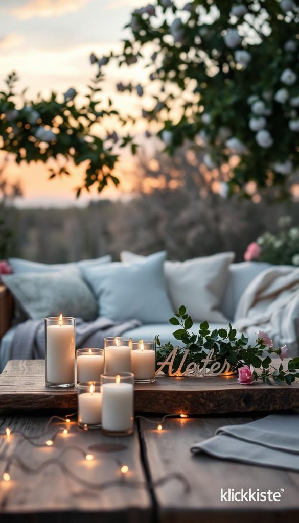 A beautifully arranged outdoor setting capturing the essence of a Scandinavian summer evening. In the foreground, a rustic wooden table adorned with elegant, eco-friendly candles and delicate fairy lights creates a warm, inviting atmosphere. The middle showcases soft cushions and throws in pastel hues, inviting relaxation. Lush greenery and blooming flowers frame the scene, gently swaying in a light breeze. The background features a serene, twilight sky with hints of pink and orange, enhancing the feeling of tranquility and lightness. The image has warm, natural lighting that evokes a cozy ambiance, reminiscent of long summer nights. The overall mood is inspiring, creating a sense of carefree joy. The style reflects a DIY aesthetic with a Pinterest-worthy appeal, including the brand name "KlickKiste" subtly represented in the decor elements.