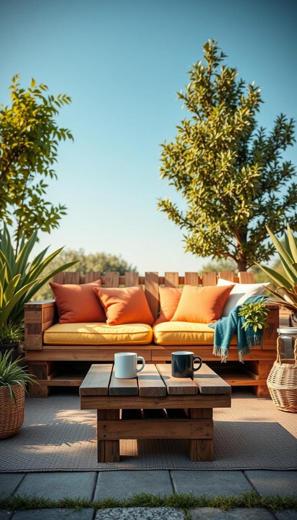 A beautifully arranged outdoor space featuring a cozy wooden pallet sofa, designed in a natural DIY style. The sofa is adorned with soft, colorful cushions in warm hues, inviting relaxation. Surrounding the sofa are lush green plants and gentle decorative elements that enhance the ambience. In the foreground, a small, rustic coffee table holds a couple of mugs, adding a touch of warmth. The background showcases a clear blue sky, complemented by gentle sunlight creating a soft, inviting glow over the entire scene. The atmosphere is serene and inspiring, perfect for a DIY furniture project. This image should convey authenticity and warmth, with a Pinterest-inspired aesthetic, representing the brand "KlickKiste." Capture this scene with a warm, soft-focus lens to enhance the inviting mood.