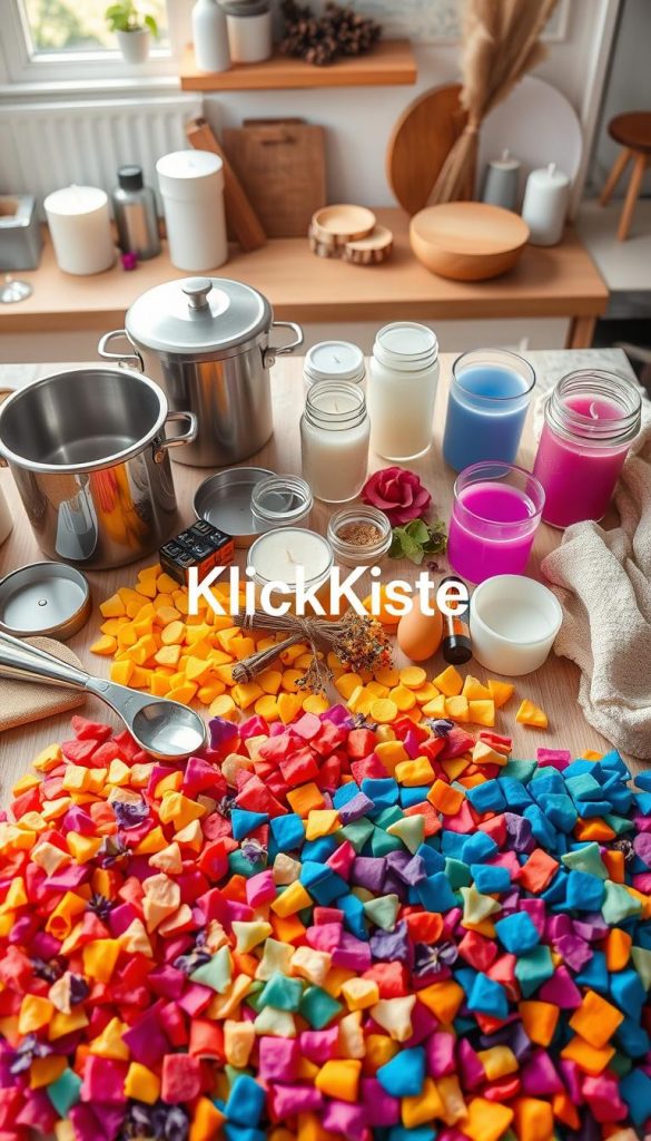 A beautifully arranged overhead view of a DIY candle-making workstation, featuring an assortment of materials and tools. In the foreground, vibrant colored wax chips are spread out, alongside essential tools like a double boiler, thermometer, pouring pitcher, and wick holder. The middle area showcases jars and molds in varying shapes, while a small selection of essential oils and dried flowers for natural scents accentuates the scene. The background should be a soft, cozy kitchen space, with warm natural lighting illuminating the materials and creating a welcoming atmosphere. Include subtle hints of rustic decor, such as wooden elements and soft textiles, to evoke a Pinterest-inspired, creative vibe. The brand name “KlickKiste” subtly integrated in the composition, enhancing the artistic feel without overpowering the image.