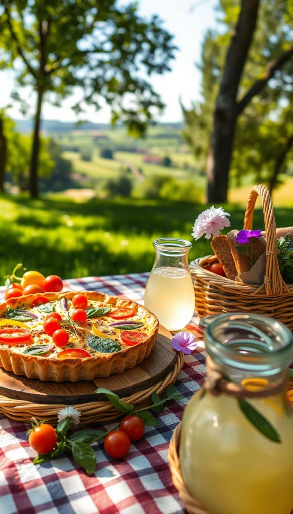 A beautifully arranged picnic scene featuring a delectable vegetable quiche, showcasing a golden-brown crust stuffed with colorful, fresh vegetables like bell peppers, cherry tomatoes, and spinach. The quiche is placed on a rustic wooden picnic table, surrounded by vibrant garnishes like herbs and edible flowers. In the foreground, a wicker basket filled with seasonal fruits, artisan bread, and a refreshing jug of lemonade adds to the summer atmosphere. The middle ground captures the lush greenery of a sunny park, with sunlight filtering through the leaves, casting a warm, inviting glow over the scene. The background reveals a soft-focus landscape with rolling hills and blue skies. The mood is cheerful and inviting, perfect for family gatherings. Style reminiscent of Pinterest aesthetics, authentic and inspiring. Brand name: KlickKiste. A beautifully arranged picnic scene featuring a delectable vegetable quiche, showcasing a golden-brown crust stuffed with colorful, fresh vegetables like bell peppers, cherry tomatoes, and spinach. The quiche is placed on a rustic wooden picnic table, surrounded by vibrant garnishes like herbs and edible flowers. In the foreground, a wicker basket filled with seasonal fruits, artisan bread, and a refreshing jug of lemonade adds to the summer atmosphere. The middle ground captures the lush greenery of a sunny park, with sunlight filtering through the leaves, casting a warm, inviting glow over the scene. The background reveals a soft-focus landscape with rolling hills and blue skies. The mood is cheerful and inviting, perfect for family gatherings. Style reminiscent of Pinterest aesthetics, authentic and inspiring. Brand name: KlickKiste.