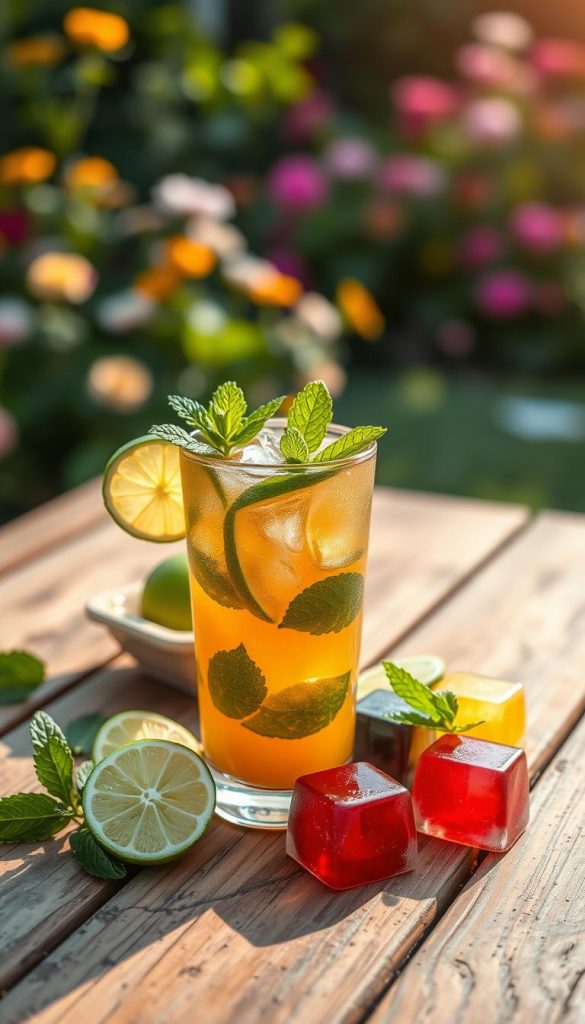 A beautifully arranged picnic scene featuring a refreshing glass of iced tea limeade, garnished with fresh lime slices and mint leaves. The glass sits on a rustic wooden picnic table, surrounded by colorful fruit ice cubes melting beside it. In the background, a vibrant summer garden adds life, with blurred flowers and greenery enhancing the natural ambiance. Soft, warm lighting bathes the scene in a golden hue, evoking a relaxed, cheerful mood perfect for a summer outing. Capture this with a slightly elevated angle, focusing on the foreground details, while the background creates a sense of depth. Ensure the setting reflects an inspiring, Pinterest-worthy aesthetic that embodies the brand "KlickKiste." A beautifully arranged picnic scene featuring a refreshing glass of iced tea limeade, garnished with fresh lime slices and mint leaves. The glass sits on a rustic wooden picnic table, surrounded by colorful fruit ice cubes melting beside it. In the background, a vibrant summer garden adds life, with blurred flowers and greenery enhancing the natural ambiance. Soft, warm lighting bathes the scene in a golden hue, evoking a relaxed, cheerful mood perfect for a summer outing. Capture this with a slightly elevated angle, focusing on the foreground details, while the background creates a sense of depth. Ensure the setting reflects an inspiring, Pinterest-worthy aesthetic that embodies the brand "KlickKiste."