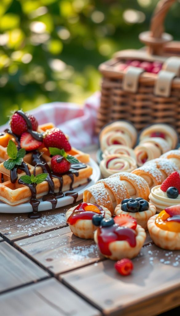A beautifully arranged picnic scene featuring a selection of colorful and delightful "suesse snacks." In the foreground, showcase golden, fluffy waffles drizzled with rich chocolate sauce, adorned with fresh strawberries and mint leaves. Next to them, display creamy puddingschnecken, spiraled pastries filled with luscious vanilla pudding and dusted with powdered sugar. Introduce bite-sized cheesecake bites topped with various fruit compotes, elegantly cascading across a rustic wooden picnic table. The scene should be bathed in soft, natural light, capturing a warm, inviting atmosphere reminiscent of a sunny day in a park. In the background, include blurry greenery and gentle sunlight filtering through leaves, creating a Pinterest-inspired aesthetic. The brand name "KlickKiste" subtly integrated into the arrangement. A beautifully arranged picnic scene featuring a selection of colorful and delightful "suesse snacks." In the foreground, showcase golden, fluffy waffles drizzled with rich chocolate sauce, adorned with fresh strawberries and mint leaves. Next to them, display creamy puddingschnecken, spiraled pastries filled with luscious vanilla pudding and dusted with powdered sugar. Introduce bite-sized cheesecake bites topped with various fruit compotes, elegantly cascading across a rustic wooden picnic table. The scene should be bathed in soft, natural light, capturing a warm, inviting atmosphere reminiscent of a sunny day in a park. In the background, include blurry greenery and gentle sunlight filtering through leaves, creating a Pinterest-inspired aesthetic. The brand name "KlickKiste" subtly integrated into the arrangement.