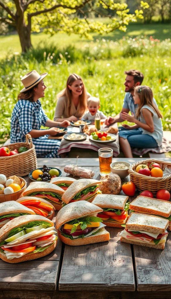 A beautifully arranged picnic scene featuring a variety of colorful sandwiches and artisan breads on a rustic wooden picnic table. In the foreground, there's an assortment of sandwiches filled with fresh vegetables, meats, and cheeses, beautifully layered and garnished with herbs. Cheerful picnic items like a woven basket and vibrant fruit are included. In the middle, a family enjoys their meal in modest casual clothing, laughing and sharing the experience, with a backdrop of lush green grass and wildflowers. The sunlight filters through the trees, casting warm, inviting light over the scene. The overall mood is joyful and family-oriented, embodying a Pinterest-inspired aesthetic. This image reflects a delightful picnic atmosphere, perfect for "KlickKiste". A beautifully arranged picnic scene featuring a variety of colorful sandwiches and artisan breads on a rustic wooden picnic table. In the foreground, there's an assortment of sandwiches filled with fresh vegetables, meats, and cheeses, beautifully layered and garnished with herbs. Cheerful picnic items like a woven basket and vibrant fruit are included. In the middle, a family enjoys their meal in modest casual clothing, laughing and sharing the experience, with a backdrop of lush green grass and wildflowers. The sunlight filters through the trees, casting warm, inviting light over the scene. The overall mood is joyful and family-oriented, embodying a Pinterest-inspired aesthetic. This image reflects a delightful picnic atmosphere, perfect for "KlickKiste".
