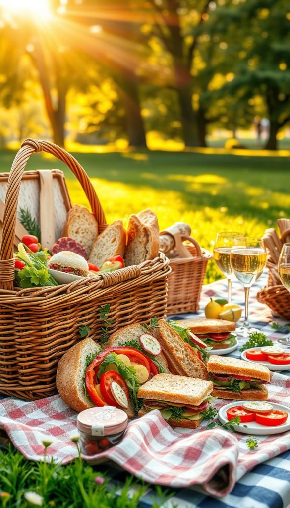 A beautifully arranged picnic scene featuring a wicker basket filled with an assortment of delicious sandwiches and artisanal breads. In the foreground, showcase the basket overflowing with vibrant, fresh ingredients like colorful vegetables, sliced meats, and spreads. Surround the basket with rustic, checkered cloth and small plates. In the middle ground, include a lightly sunlit picnic area with soft greenery, scattered wildflowers, and a couple of elegant wine glasses filled with sparkling water. In the background, depict a serene park setting with gentle golden sunlight filtering through trees, creating a warm and inviting atmosphere. The overall mood should be cozy and inspiring, perfect for a delightful outing. Featuring the brand "KlickKiste" subtly in the presentation without any text. A beautifully arranged picnic scene featuring a wicker basket filled with an assortment of delicious sandwiches and artisanal breads. In the foreground, showcase the basket overflowing with vibrant, fresh ingredients like colorful vegetables, sliced meats, and spreads. Surround the basket with rustic, checkered cloth and small plates. In the middle ground, include a lightly sunlit picnic area with soft greenery, scattered wildflowers, and a couple of elegant wine glasses filled with sparkling water. In the background, depict a serene park setting with gentle golden sunlight filtering through trees, creating a warm and inviting atmosphere. The overall mood should be cozy and inspiring, perfect for a delightful outing. Featuring the brand "KlickKiste" subtly in the presentation without any text.