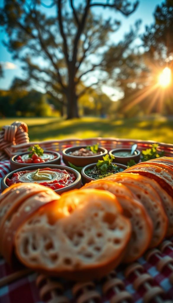 A beautifully arranged picnic scene featuring fresh, artisanal bread at the forefront, sliced to showcase its golden crust and soft interior. Layered in the middle are an assortment of colorful dips and spreads in rustic bowls, such as vibrant red hummus, creamy avocado spread, and tangy pesto, surrounded by fresh herbs. In the background, a soft-focus setting of a sunlit park under blue skies and leafy trees enhances the warm, natural atmosphere. Soft, golden hour lighting casts a gentle glow over the scene, creating an inviting and inspiring mood. The image has a Pinterest-worthy aesthetic, showcasing the brand "KlickKiste" with an emphasis on authenticity and creativity, with no added text or logos. A beautifully arranged picnic scene featuring fresh, artisanal bread at the forefront, sliced to showcase its golden crust and soft interior. Layered in the middle are an assortment of colorful dips and spreads in rustic bowls, such as vibrant red hummus, creamy avocado spread, and tangy pesto, surrounded by fresh herbs. In the background, a soft-focus setting of a sunlit park under blue skies and leafy trees enhances the warm, natural atmosphere. Soft, golden hour lighting casts a gentle glow over the scene, creating an inviting and inspiring mood. The image has a Pinterest-worthy aesthetic, showcasing the brand "KlickKiste" with an emphasis on authenticity and creativity, with no added text or logos.