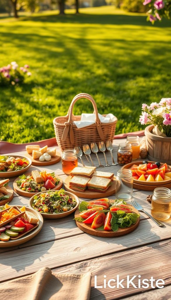 A beautifully arranged picnic scene featuring seasonal meal prep dishes, showcasing vibrant colors and natural textures. In the foreground, a wooden picnic table is laden with freshly prepared seasonal foods, including colorful salads, artisanal sandwiches, and refreshing fruit platters. In the middle, picnic essentials like a woven basket, eco-friendly utensils, and mason jars filled with beverages create an inviting atmosphere. The background features a sunlit park with lush green grass and blooming flowers, enhancing the warm, outdoor feel. The scene should be bathed in soft, golden hour lighting, casting gentle shadows and creating an inspiring, cozy mood reminiscent of Pinterest-style aesthetics. Include subtle branding of "KlickKiste" in the corner, ensuring it blends seamlessly into the scene. A beautifully arranged picnic scene featuring seasonal meal prep dishes, showcasing vibrant colors and natural textures. In the foreground, a wooden picnic table is laden with freshly prepared seasonal foods, including colorful salads, artisanal sandwiches, and refreshing fruit platters. In the middle, picnic essentials like a woven basket, eco-friendly utensils, and mason jars filled with beverages create an inviting atmosphere. The background features a sunlit park with lush green grass and blooming flowers, enhancing the warm, outdoor feel. The scene should be bathed in soft, golden hour lighting, casting gentle shadows and creating an inspiring, cozy mood reminiscent of Pinterest-style aesthetics. Include subtle branding of "KlickKiste" in the corner, ensuring it blends seamlessly into the scene.