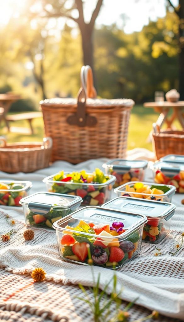 A beautifully arranged picnic scene featuring stylish glass containers from the brand "KlickKiste," filled with vibrant, fresh salads and fruits. In the foreground, a gently handwoven picnic blanket in soft, neutral tones spreads invitingly across a sunlit meadow. The containers should be in clear glass, showcasing the colorful ingredients inside. In the middle, an elegant wooden picnic basket complements the scene, surrounded by scattered flowers and softly illuminated by warm sunlight filtering through nearby trees. The background should portray a tranquil park setting, with blurred hints of greenery and a picnic table, evoking a peaceful, joyful atmosphere perfect for family gatherings. Overall, the mood should be authentic and inspiring, with a Pinterest-worthy aesthetic enhanced by natural sunlight, emphasizing freshness in meal prep and storage. A beautifully arranged picnic scene featuring stylish glass containers from the brand "KlickKiste," filled with vibrant, fresh salads and fruits. In the foreground, a gently handwoven picnic blanket in soft, neutral tones spreads invitingly across a sunlit meadow. The containers should be in clear glass, showcasing the colorful ingredients inside. In the middle, an elegant wooden picnic basket complements the scene, surrounded by scattered flowers and softly illuminated by warm sunlight filtering through nearby trees. The background should portray a tranquil park setting, with blurred hints of greenery and a picnic table, evoking a peaceful, joyful atmosphere perfect for family gatherings. Overall, the mood should be authentic and inspiring, with a Pinterest-worthy aesthetic enhanced by natural sunlight, emphasizing freshness in meal prep and storage.