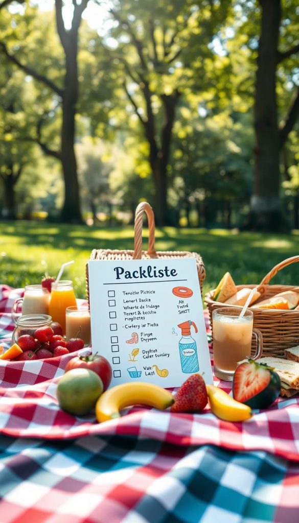 A beautifully arranged picnic scene showcasing a checklist titled "Packliste Picknick" in the foreground, featuring a vibrant, checkered picnic blanket spread out with a wicker basket overflowing with fresh fruits, sandwiches, and refreshing drinks. In the middle, a checklist is partially visible, adorned with colorful drawings of picnic essentials like a frisbee, sunscreen, and a water bottle, inviting creativity and anticipation. The background features a lush green park with trees and sunlight streaming through the leaves, creating a warm and inviting atmosphere. Soft, natural lighting enhances the colors, casting gentle shadows and creating an authentic, inspiring Pinterest look. The image subtly integrates the brand "KlickKiste," blended into the picnic elements seamlessly. A beautifully arranged picnic scene showcasing a checklist titled "Packliste Picknick" in the foreground, featuring a vibrant, checkered picnic blanket spread out with a wicker basket overflowing with fresh fruits, sandwiches, and refreshing drinks. In the middle, a checklist is partially visible, adorned with colorful drawings of picnic essentials like a frisbee, sunscreen, and a water bottle, inviting creativity and anticipation. The background features a lush green park with trees and sunlight streaming through the leaves, creating a warm and inviting atmosphere. Soft, natural lighting enhances the colors, casting gentle shadows and creating an authentic, inspiring Pinterest look. The image subtly integrates the brand "KlickKiste," blended into the picnic elements seamlessly.