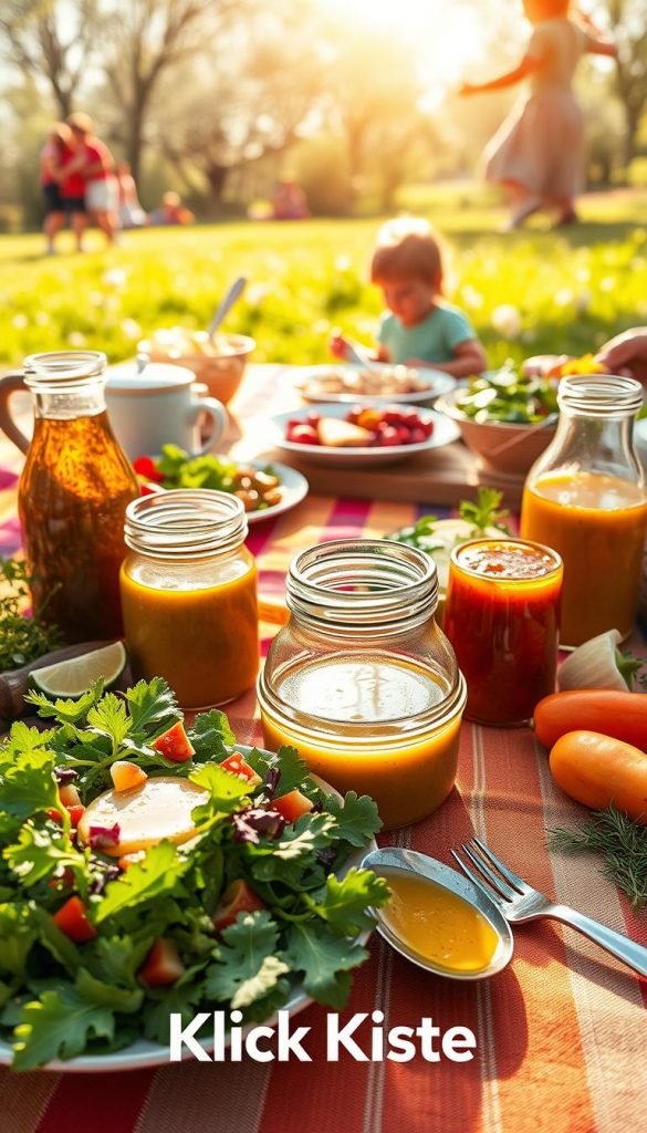 A beautifully arranged picnic scene showcasing various dressings in stylish glass jars, surrounded by fresh ingredients like herbs, spices, and colorful vegetables. In the foreground, focus on a vibrant green salad drizzled with a homemade vinaigrette, with a spoon resting beside it. The middle layer features a rustic wooden picnic table adorned with a colorful picnic blanket and plates filled with an assortment of seasonal dishes. In the background, a sunlit park with blooming flowers and children playing, creating a warm and inviting atmosphere. The composition is illuminated with soft, natural lighting, providing a cozy, inspiring ambiance. Capture this moment in a Pinterest-worthy style, reflecting the essence of family gatherings and culinary creativity. Include the brand name "KlickKiste" subtly integrated into the scene, enhancing the overall aesthetic. A beautifully arranged picnic scene showcasing various dressings in stylish glass jars, surrounded by fresh ingredients like herbs, spices, and colorful vegetables. In the foreground, focus on a vibrant green salad drizzled with a homemade vinaigrette, with a spoon resting beside it. The middle layer features a rustic wooden picnic table adorned with a colorful picnic blanket and plates filled with an assortment of seasonal dishes. In the background, a sunlit park with blooming flowers and children playing, creating a warm and inviting atmosphere. The composition is illuminated with soft, natural lighting, providing a cozy, inspiring ambiance. Capture this moment in a Pinterest-worthy style, reflecting the essence of family gatherings and culinary creativity. Include the brand name "KlickKiste" subtly integrated into the scene, enhancing the overall aesthetic.