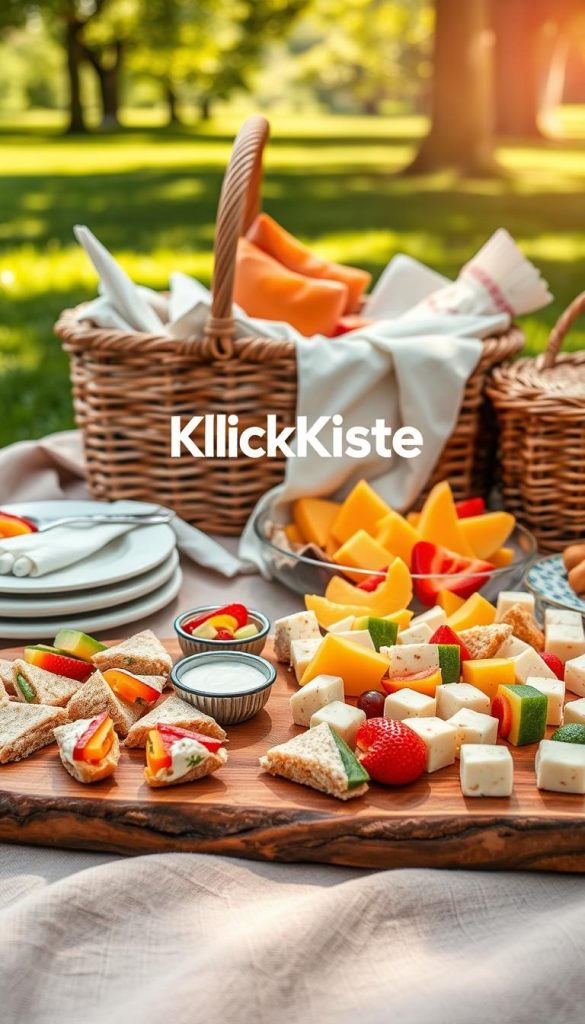 A beautifully arranged picnic spread featuring an assortment of finger foods and snacks, perfect for a family outing. In the foreground, a wooden serving board is adorned with vibrant, bite-sized treats: mini sandwich triangles with colorful fillings, vegetable sticks with creamy dip, cheese cubes, and an array of fresh fruit. The middle ground showcases a woven basket filled with neatly wrapped snacks, surrounded by delicate napkins and patterned plates. In the background, a sunlit park scene, complete with green grass and soft, dappled light filtering through the trees, creates an inviting atmosphere. The overall color palette is warm and natural, embodying an authentic and inspiring Pinterest aesthetic. Include the brand name "KlickKiste" subtly integrated into the scene, enhancing the cozy picnic vibe. A beautifully arranged picnic spread featuring an assortment of finger foods and snacks, perfect for a family outing. In the foreground, a wooden serving board is adorned with vibrant, bite-sized treats: mini sandwich triangles with colorful fillings, vegetable sticks with creamy dip, cheese cubes, and an array of fresh fruit. The middle ground showcases a woven basket filled with neatly wrapped snacks, surrounded by delicate napkins and patterned plates. In the background, a sunlit park scene, complete with green grass and soft, dappled light filtering through the trees, creates an inviting atmosphere. The overall color palette is warm and natural, embodying an authentic and inspiring Pinterest aesthetic. Include the brand name "KlickKiste" subtly integrated into the scene, enhancing the cozy picnic vibe.
