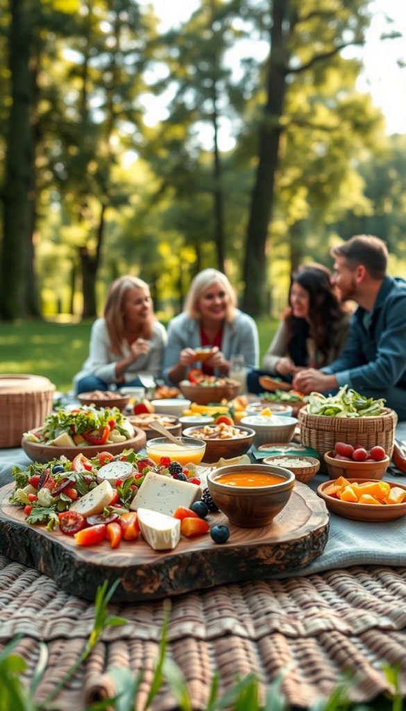 A beautifully arranged picnic table set in a lush green park, capturing the essence of "genuss." In the foreground, a rustic wooden board displays a colorful spread of gourmet dishes: vibrant salads, artisanal cheeses, fresh fruits, and an array of homemade dips. A cozy woven picnic blanket underneath adds a touch of charm. In the middle, family members of diverse backgrounds, dressed in modest casual attire, enjoy the meal, laughing and sharing stories. The background features tall trees, gentle sunlight filtering through the leaves, creating a warm and inviting atmosphere. Use a soft focus with a slight bokeh effect to emphasize the delicious food. The overall mood is joyful and inviting, perfect for celebrating family moments. This image should reflect the brand "KlickKiste" with a Pinterest-inspired, natural look filled with warm colors. A beautifully arranged picnic table set in a lush green park, capturing the essence of "genuss." In the foreground, a rustic wooden board displays a colorful spread of gourmet dishes: vibrant salads, artisanal cheeses, fresh fruits, and an array of homemade dips. A cozy woven picnic blanket underneath adds a touch of charm. In the middle, family members of diverse backgrounds, dressed in modest casual attire, enjoy the meal, laughing and sharing stories. The background features tall trees, gentle sunlight filtering through the leaves, creating a warm and inviting atmosphere. Use a soft focus with a slight bokeh effect to emphasize the delicious food. The overall mood is joyful and inviting, perfect for celebrating family moments. This image should reflect the brand "KlickKiste" with a Pinterest-inspired, natural look filled with warm colors.