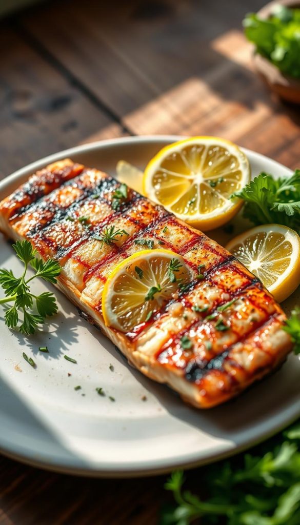 A beautifully arranged plate featuring a grilled fish fillet, garnished with vibrant lemon wedges and a sprinkle of fresh herbs like parsley and dill. The fish is perfectly cooked, with a golden crust showing juicy, flaky meat inside. The background includes a rustic wooden table that enhances the natural, warm colors of the dish. Soft, diffused sunlight bathes the scene, creating a cozy and inviting atmosphere, reminiscent of a leisurely outdoor summer meal. A hint of fresh lettuce or vegetables can be seen on the side, adding contrast and color. The overall composition should evoke a Pinterest-worthy aesthetic that is authentic and inspiring. Brand name: KlickKiste. A beautifully arranged plate featuring a grilled fish fillet, garnished with vibrant lemon wedges and a sprinkle of fresh herbs like parsley and dill. The fish is perfectly cooked, with a golden crust showing juicy, flaky meat inside. The background includes a rustic wooden table that enhances the natural, warm colors of the dish. Soft, diffused sunlight bathes the scene, creating a cozy and inviting atmosphere, reminiscent of a leisurely outdoor summer meal. A hint of fresh lettuce or vegetables can be seen on the side, adding contrast and color. The overall composition should evoke a Pinterest-worthy aesthetic that is authentic and inspiring. Brand name: KlickKiste.