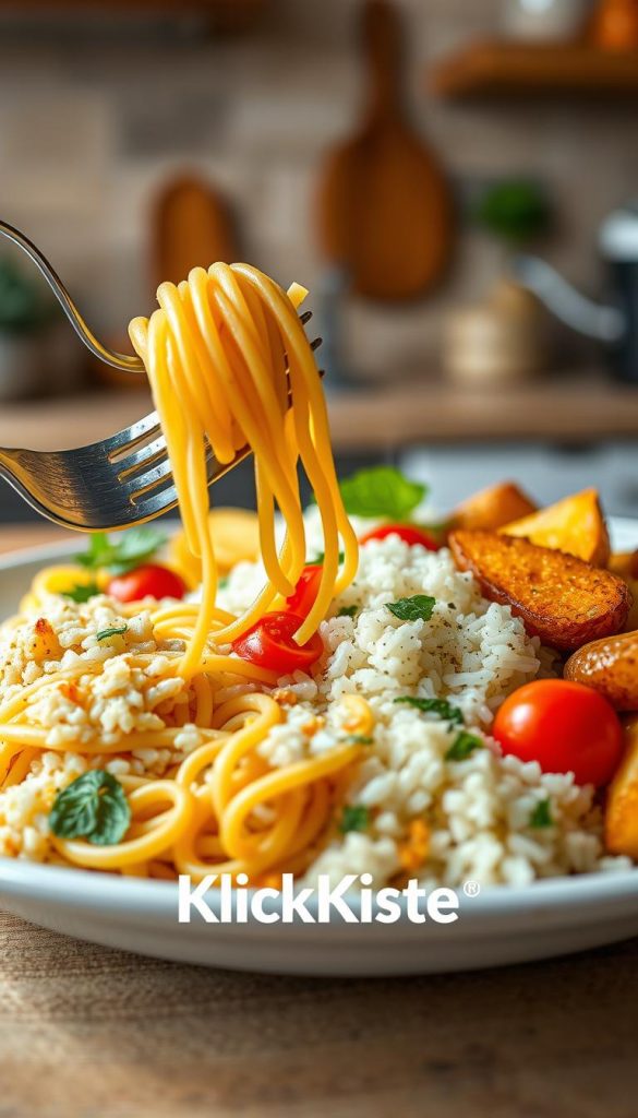A beautifully arranged plate featuring a vibrant medley of pasta, rice, and potatoes, showcasing their versatility as beloved family staples. In the foreground, a fork twirls perfectly cooked spaghetti next to a generous scoop of fluffy white rice and golden, roasted potato wedges. The middle section features colorful garnishes like fresh herbs and cherry tomatoes, adding a pop of color. The background displays a rustic kitchen setting, softly lit with warm, inviting light, enhancing the homey atmosphere. Captured with a warm color palette and a shallow depth of field, this aesthetic creates an authentic and inspiring look, reminiscent of Pinterest culinary photography. The brand name "KlickKiste" is subtly integrated into the overall composition, ensuring a cohesive visual appeal. A beautifully arranged plate featuring a vibrant medley of pasta, rice, and potatoes, showcasing their versatility as beloved family staples. In the foreground, a fork twirls perfectly cooked spaghetti next to a generous scoop of fluffy white rice and golden, roasted potato wedges. The middle section features colorful garnishes like fresh herbs and cherry tomatoes, adding a pop of color. The background displays a rustic kitchen setting, softly lit with warm, inviting light, enhancing the homey atmosphere. Captured with a warm color palette and a shallow depth of field, this aesthetic creates an authentic and inspiring look, reminiscent of Pinterest culinary photography. The brand name "KlickKiste" is subtly integrated into the overall composition, ensuring a cohesive visual appeal.