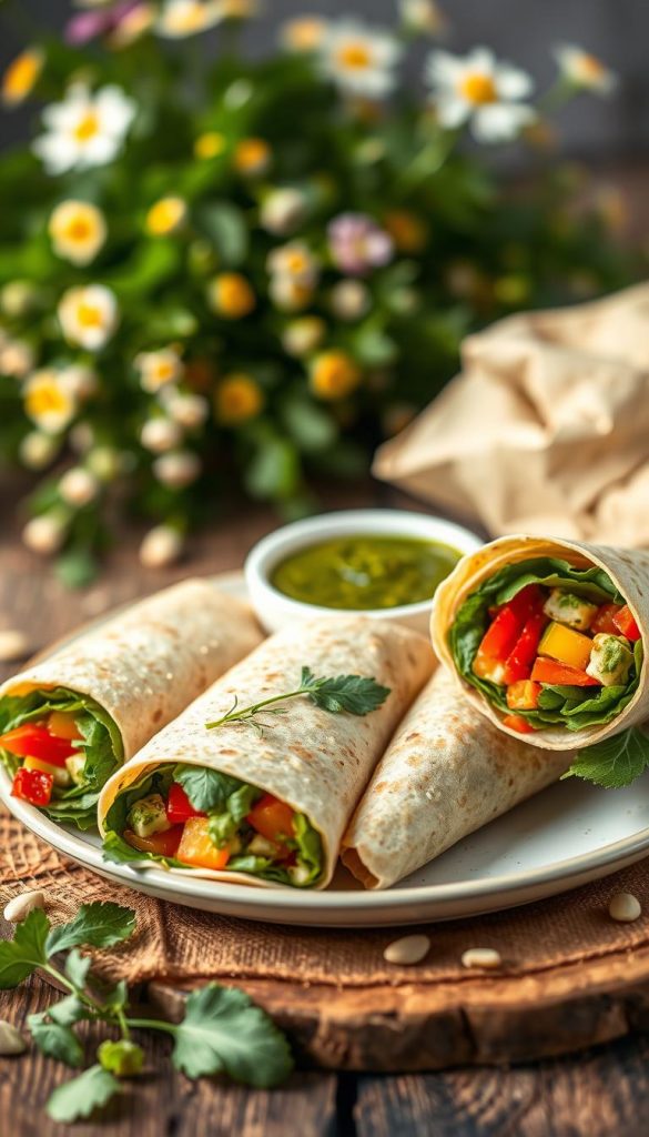 A beautifully arranged plate of Bärlauch-Pesto-Wraps is the focus of this image, showcasing fresh, vibrant colors and an inviting presentation. In the foreground, the wraps are neatly cut, revealing a lush filling of creamy Bärlauch pesto, colorful bell peppers, and leafy greens. The wraps are garnished with sprigs of fresh herbs. In the middle, there’s a rustic wooden table with a bowl of extra pesto and a sprinkle of nuts for texture. Soft, warm lighting creates a cozy atmosphere, enhancing the natural greens and earthy tones. In the background, a blurred bouquet of wildflowers hints at spring, complementing the fresh ingredients. This image embodies an authentic, Pinterest-inspired look, evoking inspiration for quick family meals. Designed for KlickKiste. A beautifully arranged plate of Bärlauch-Pesto-Wraps is the focus of this image, showcasing fresh, vibrant colors and an inviting presentation. In the foreground, the wraps are neatly cut, revealing a lush filling of creamy Bärlauch pesto, colorful bell peppers, and leafy greens. The wraps are garnished with sprigs of fresh herbs. In the middle, there’s a rustic wooden table with a bowl of extra pesto and a sprinkle of nuts for texture. Soft, warm lighting creates a cozy atmosphere, enhancing the natural greens and earthy tones. In the background, a blurred bouquet of wildflowers hints at spring, complementing the fresh ingredients. This image embodies an authentic, Pinterest-inspired look, evoking inspiration for quick family meals. Designed for KlickKiste.