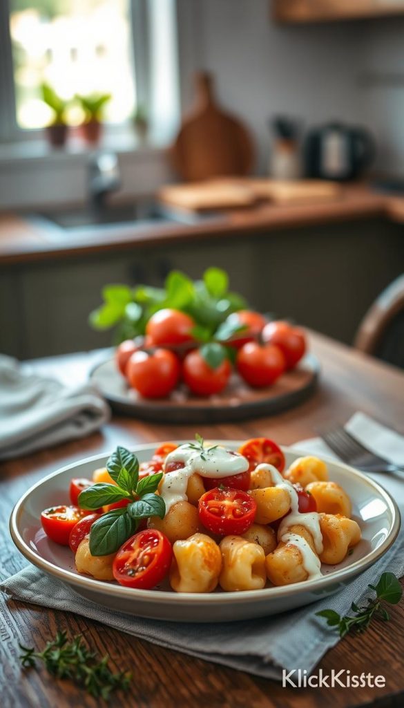 A beautifully arranged plate of Gnocchi with vibrant, roasted tomatoes, adorned with fresh thyme and a creamy basil sauce drizzled artistically on top. The gnocchi should appear fluffy and golden, while the tomatoes burst with rich red tones. In the foreground, there are sprigs of fresh basil and a sprinkle of coarse sea salt enhancing the dish. The middle ground features a rustic wooden table setting, complemented by a soft linen napkin and a small sprig of thyme for added detail. In the background, a gently blurred kitchen scene captures warm, inviting light filtering through a window, creating a cozy atmosphere. The overall mood is natural and inspiring, reminiscent of a Pinterest aesthetic, showcasing the dish as a healthy, delightful meal from "KlickKiste". A beautifully arranged plate of Gnocchi with vibrant, roasted tomatoes, adorned with fresh thyme and a creamy basil sauce drizzled artistically on top. The gnocchi should appear fluffy and golden, while the tomatoes burst with rich red tones. In the foreground, there are sprigs of fresh basil and a sprinkle of coarse sea salt enhancing the dish. The middle ground features a rustic wooden table setting, complemented by a soft linen napkin and a small sprig of thyme for added detail. In the background, a gently blurred kitchen scene captures warm, inviting light filtering through a window, creating a cozy atmosphere. The overall mood is natural and inspiring, reminiscent of a Pinterest aesthetic, showcasing the dish as a healthy, delightful meal from "KlickKiste".