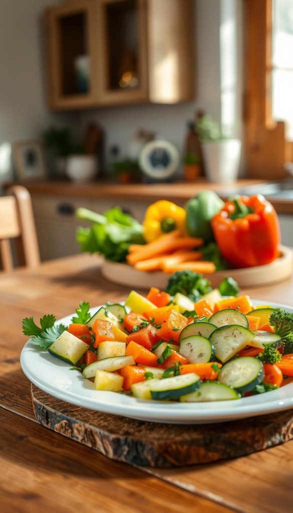 A beautifully arranged plate of allergen-friendly vegetables sits at the forefront, featuring vibrant bell peppers, zucchini, carrots, and broccoli, artfully chopped and garnished with fresh herbs. In the middle ground, a rustic wooden table adds warmth, set against a softly blurred kitchen background with natural light streaming through a window, casting gentle shadows. The color palette is warm and inviting, with hues of green, orange, and yellow, creating an authentic, Pinterest-inspired look. The overall mood conveys healthiness and simplicity, emphasizing easy meal preparation for families. Ensure the image showcases an appealing, wholesome atmosphere that reflects accessibility and inspiration, representing "KlickKiste" as the brand. A beautifully arranged plate of allergen-friendly vegetables sits at the forefront, featuring vibrant bell peppers, zucchini, carrots, and broccoli, artfully chopped and garnished with fresh herbs. In the middle ground, a rustic wooden table adds warmth, set against a softly blurred kitchen background with natural light streaming through a window, casting gentle shadows. The color palette is warm and inviting, with hues of green, orange, and yellow, creating an authentic, Pinterest-inspired look. The overall mood conveys healthiness and simplicity, emphasizing easy meal preparation for families. Ensure the image showcases an appealing, wholesome atmosphere that reflects accessibility and inspiration, representing "KlickKiste" as the brand.