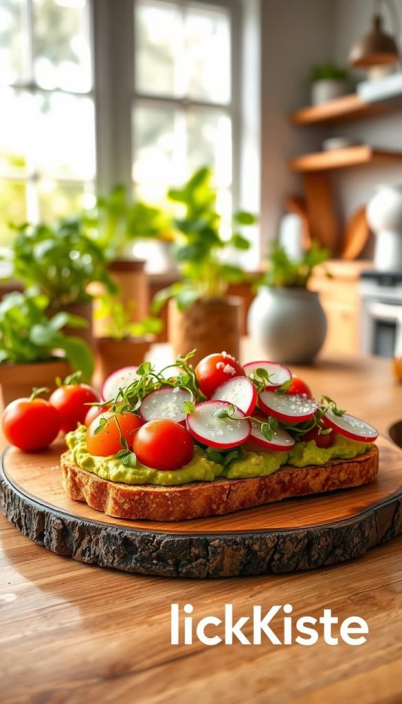 A beautifully arranged plate of avocado toast, topped with an artistic variety of ingredients such as sliced radishes, cherry tomatoes, microgreens, and a sprinkle of pink Himalayan salt. The foreground features the toast on a rustic wooden board, showcasing a creamy avocado spread and vibrant colors of the toppings. In the middle background, there’s a bright kitchen setting with fresh herbs in pots and natural light filtering through a large window, creating a warm and inviting atmosphere. Capture this scene with a soft focus lens to enhance the dreamlike quality. The overall mood is fresh, healthy, and inspiring, perfect for a modern lifestyle article. Include subtle branding for "KlickKiste" within the scene, ensuring it harmonizes with the image. A beautifully arranged plate of avocado toast, topped with an artistic variety of ingredients such as sliced radishes, cherry tomatoes, microgreens, and a sprinkle of pink Himalayan salt. The foreground features the toast on a rustic wooden board, showcasing a creamy avocado spread and vibrant colors of the toppings. In the middle background, there’s a bright kitchen setting with fresh herbs in pots and natural light filtering through a large window, creating a warm and inviting atmosphere. Capture this scene with a soft focus lens to enhance the dreamlike quality. The overall mood is fresh, healthy, and inspiring, perfect for a modern lifestyle article. Include subtle branding for "KlickKiste" within the scene, ensuring it harmonizes with the image.