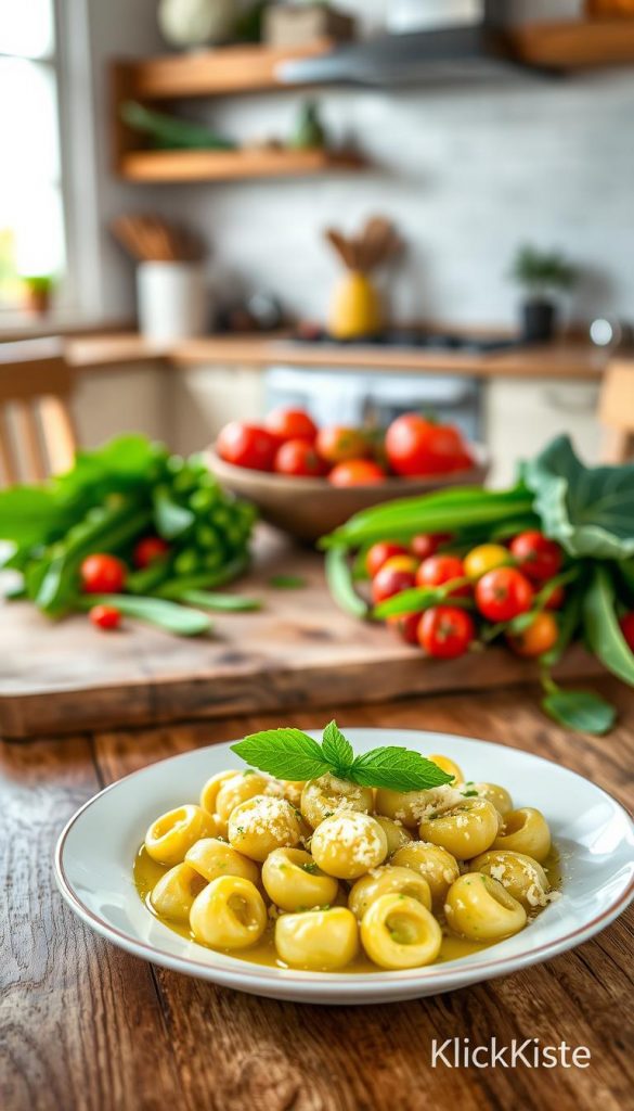 A beautifully arranged plate of bärlauch gnocchi, showcasing their tender texture and vibrant green color, garnished with fresh bärlauch leaves. In the foreground, the gnocchi are artfully drizzled with a light olive oil and sprinkled with grated Parmesan cheese, creating an inviting focal point. The middle focuses on a rustic wooden table, adorned with colorful spring vegetables, such as cherry tomatoes, peas, and radishes, adding a burst of color and freshness. The background features a soft-focus kitchen setting, with warm, natural lighting filtering through a window, enhancing the cozy atmosphere. The overall mood is light, fresh, and inspiring, perfect for spring dining. Include a subtle logo of "KlickKiste" in a corner, harmonizing with the image's natural aesthetic. A beautifully arranged plate of bärlauch gnocchi, showcasing their tender texture and vibrant green color, garnished with fresh bärlauch leaves. In the foreground, the gnocchi are artfully drizzled with a light olive oil and sprinkled with grated Parmesan cheese, creating an inviting focal point. The middle focuses on a rustic wooden table, adorned with colorful spring vegetables, such as cherry tomatoes, peas, and radishes, adding a burst of color and freshness. The background features a soft-focus kitchen setting, with warm, natural lighting filtering through a window, enhancing the cozy atmosphere. The overall mood is light, fresh, and inspiring, perfect for spring dining. Include a subtle logo of "KlickKiste" in a corner, harmonizing with the image's natural aesthetic.