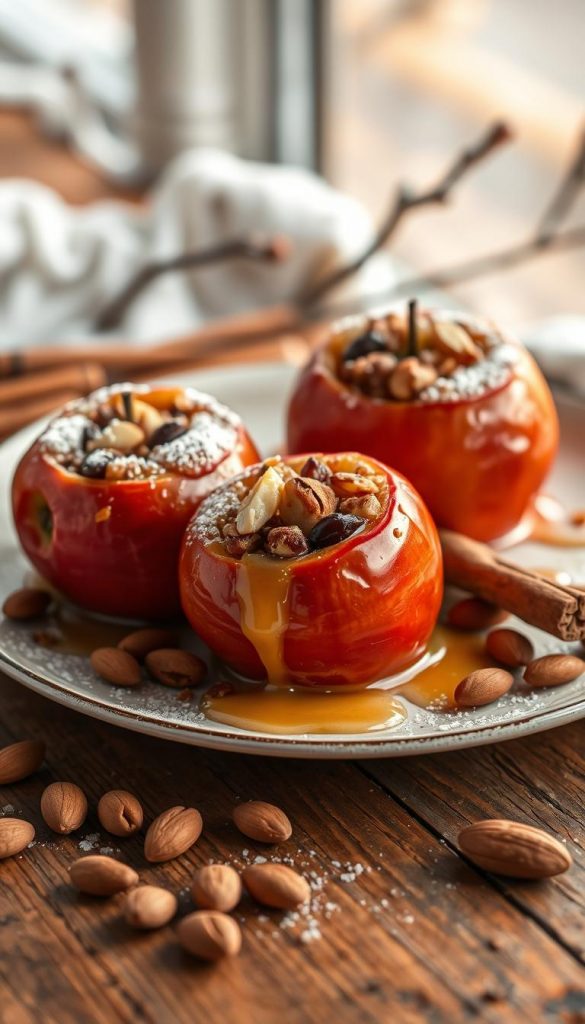 A beautifully arranged plate of bratapfel, showcasing whole baked apples stuffed with a mixture of sweet cinnamon, chopped almonds, and raisins. The apples are glistening, their skin a rich, warm red hue, with a sprinkle of powdered sugar on top. In the foreground, a rustic wooden table adds a cozy touch, adorned with melted butter dripping gently from the baked fruit. In the middle ground, a scattering of cinnamon sticks and whole almonds creates a warm and inviting atmosphere. The background features a softly blurred winter setting, with gentle falling snowflakes that enhance the seasonal vibe. Natural lighting casts a golden glow, emphasizing the texture of the apples and the warmth of the wood. This image embodies a Pinterest-inspired, authentic winter dessert aesthetic, perfect for family gatherings. Brand name "KlickKiste" subtly integrated in the scene. A beautifully arranged plate of bratapfel, showcasing whole baked apples stuffed with a mixture of sweet cinnamon, chopped almonds, and raisins. The apples are glistening, their skin a rich, warm red hue, with a sprinkle of powdered sugar on top. In the foreground, a rustic wooden table adds a cozy touch, adorned with melted butter dripping gently from the baked fruit. In the middle ground, a scattering of cinnamon sticks and whole almonds creates a warm and inviting atmosphere. The background features a softly blurred winter setting, with gentle falling snowflakes that enhance the seasonal vibe. Natural lighting casts a golden glow, emphasizing the texture of the apples and the warmth of the wood. This image embodies a Pinterest-inspired, authentic winter dessert aesthetic, perfect for family gatherings. Brand name "KlickKiste" subtly integrated in the scene.