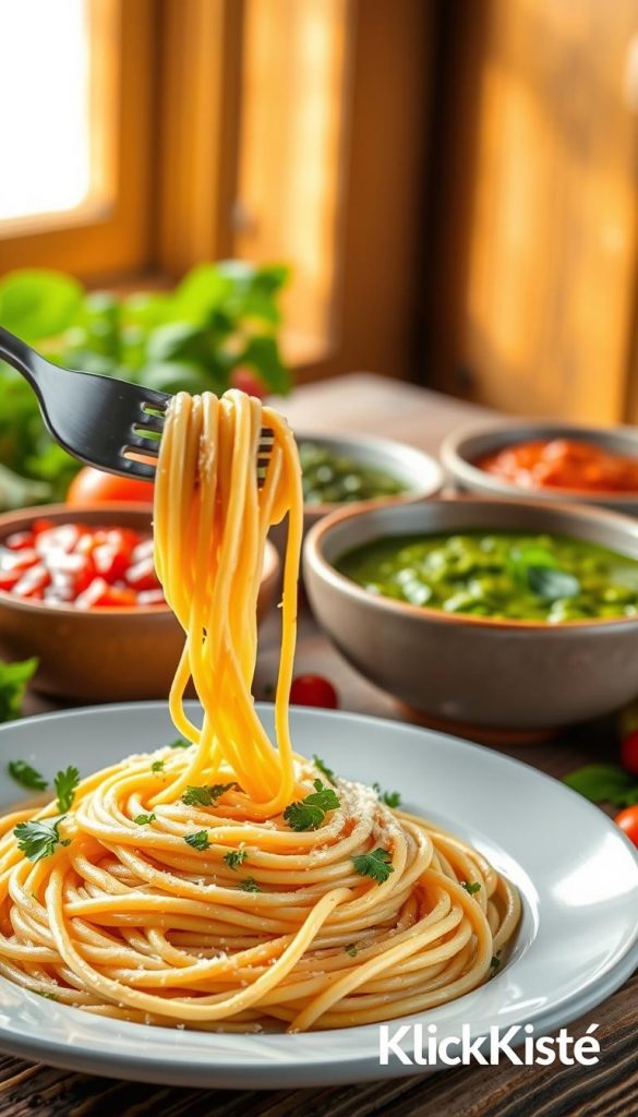 A beautifully arranged plate of classic carbonara, vibrant green pesto, and chunky tomato sauce, set against a rustic wooden table. In the foreground, a fork twirls perfectly cooked spaghetti, glistening with creamy sauce and sprinkled with fresh parsley and grated cheese. The middle layer features small bowls of pesto and tomato sauce, invitingly vibrant, with ingredients like fresh basil and ripe tomatoes scattered around. In the background, soft natural light filters through a window, casting a warm glow that enhances the inviting atmosphere. The scene exudes a Pinterest-inspired authenticity and inspiration, appealing to food lovers. Logo "KlickKiste" subtly integrated into the scene's decor, but unobtrusive. A beautifully arranged plate of classic carbonara, vibrant green pesto, and chunky tomato sauce, set against a rustic wooden table. In the foreground, a fork twirls perfectly cooked spaghetti, glistening with creamy sauce and sprinkled with fresh parsley and grated cheese. The middle layer features small bowls of pesto and tomato sauce, invitingly vibrant, with ingredients like fresh basil and ripe tomatoes scattered around. In the background, soft natural light filters through a window, casting a warm glow that enhances the inviting atmosphere. The scene exudes a Pinterest-inspired authenticity and inspiration, appealing to food lovers. Logo "KlickKiste" subtly integrated into the scene's decor, but unobtrusive.