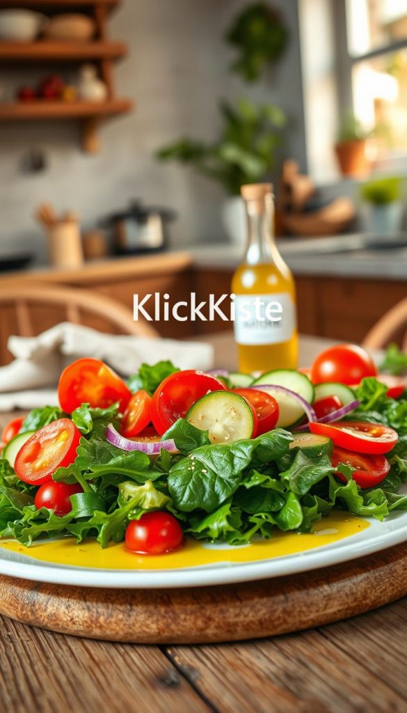 A beautifully arranged plate of colorful, fresh salat featuring vibrant greens, red bell peppers, cherry tomatoes, and thinly sliced cucumbers. The foreground focuses on the salat cascading with olive oil and a sprinkle of sesame seeds, enhancing its freshness. In the middle, a rustic wooden table complements the scene, with a light linen napkin and a corkscrew bottle of dressing nearby, evoking an inviting atmosphere. The background showcases a soft-focus kitchen with warm, natural light filtering through a window, creating a comforting and cozy feel. The image captures a Pinterest-worthy aesthetic, emphasizing authenticity and inspiration for family meals. Branding subtly included: “KlickKiste” is integrated into the setting, enhancing the inviting nature of the scene. A beautifully arranged plate of colorful, fresh salat featuring vibrant greens, red bell peppers, cherry tomatoes, and thinly sliced cucumbers. The foreground focuses on the salat cascading with olive oil and a sprinkle of sesame seeds, enhancing its freshness. In the middle, a rustic wooden table complements the scene, with a light linen napkin and a corkscrew bottle of dressing nearby, evoking an inviting atmosphere. The background showcases a soft-focus kitchen with warm, natural light filtering through a window, creating a comforting and cozy feel. The image captures a Pinterest-worthy aesthetic, emphasizing authenticity and inspiration for family meals. Branding subtly included: “KlickKiste” is integrated into the setting, enhancing the inviting nature of the scene.