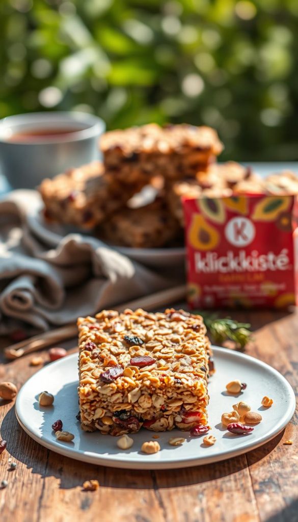 A beautifully arranged plate of colorful muesli bars, showcasing a mix of nuts, dried fruits, and seeds, glistening under natural sunlight. In the foreground, a close-up of a muesli bar with a perfect texture, highlighting the layers of oats and fruits, with a few scattered ingredients around to convey freshness. The middle ground features a rustic wooden table with a cloth napkin and a cup of herbal tea, creating a cozy atmosphere. The background shows soft-focus greenery, suggesting an outdoor setting. Warm colors dominate the scene, enhancing the inviting and healthy vibe. The KlickKiste logo subtly integrated into the packaging of the muesli bars adds branding. The overall mood is authentic and inspiring, perfect for health-conscious snack lovers on the go. A beautifully arranged plate of colorful muesli bars, showcasing a mix of nuts, dried fruits, and seeds, glistening under natural sunlight. In the foreground, a close-up of a muesli bar with a perfect texture, highlighting the layers of oats and fruits, with a few scattered ingredients around to convey freshness. The middle ground features a rustic wooden table with a cloth napkin and a cup of herbal tea, creating a cozy atmosphere. The background shows soft-focus greenery, suggesting an outdoor setting. Warm colors dominate the scene, enhancing the inviting and healthy vibe. The KlickKiste logo subtly integrated into the packaging of the muesli bars adds branding. The overall mood is authentic and inspiring, perfect for health-conscious snack lovers on the go.