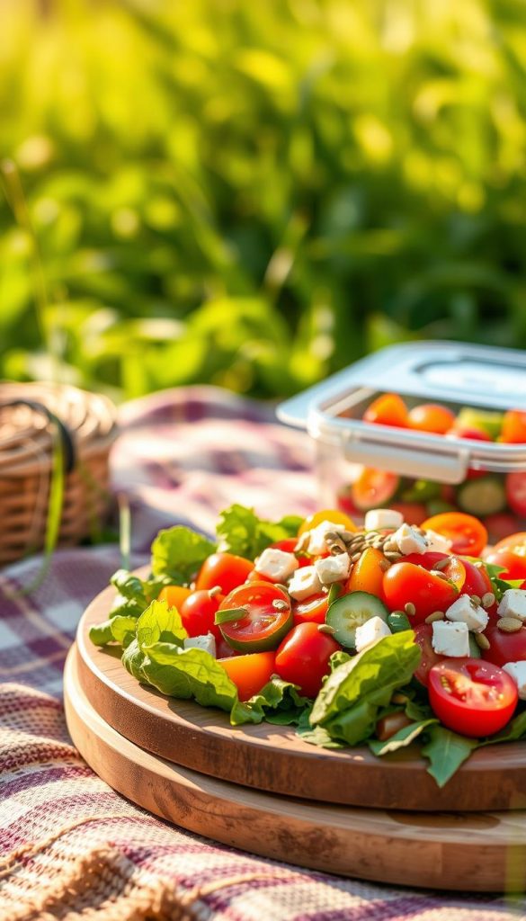 A beautifully arranged plate of colorful salat showcasing a variety of fresh ingredients such as crisp greens, vibrant cherry tomatoes, cucumbers, and bell peppers, topped with a sprinkle of feta cheese and sunflower seeds. The foreground features a wooden plate set on a rustic picnic blanket, with a sleek glass container beside it, designed for easy transport. In the middle, a soft-focus background of sun-dappled greenery suggests an outdoor setting, enhancing the feeling of summertime freshness. The lighting is warm and inviting, reminiscent of golden hour, casting gentle shadows that add depth. The overall mood is cheerful and vibrant, inspired by a Pinterest aesthetic, and all elements come together to evoke the idea of easy, healthy meal prep by "KlickKiste." A beautifully arranged plate of colorful salat showcasing a variety of fresh ingredients such as crisp greens, vibrant cherry tomatoes, cucumbers, and bell peppers, topped with a sprinkle of feta cheese and sunflower seeds. The foreground features a wooden plate set on a rustic picnic blanket, with a sleek glass container beside it, designed for easy transport. In the middle, a soft-focus background of sun-dappled greenery suggests an outdoor setting, enhancing the feeling of summertime freshness. The lighting is warm and inviting, reminiscent of golden hour, casting gentle shadows that add depth. The overall mood is cheerful and vibrant, inspired by a Pinterest aesthetic, and all elements come together to evoke the idea of easy, healthy meal prep by "KlickKiste."