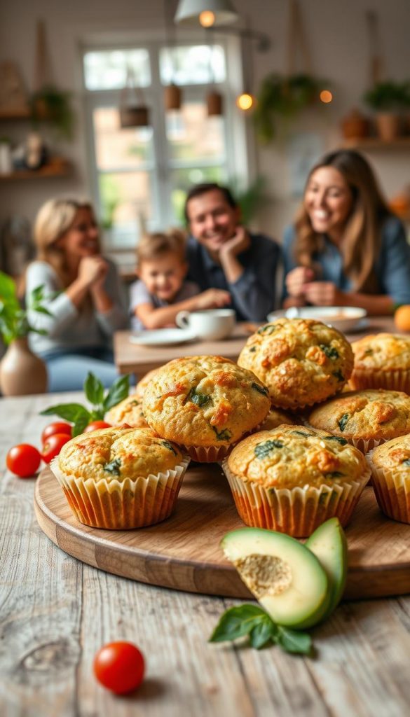 A beautifully arranged plate of eier muffins, showcasing a variety of flavors and toppings, such as spinach, cheese, and cherry tomatoes, in an inviting kitchen setting. The muffins are freshly baked, golden brown, and perfectly fluffy, with steam gently rising to emphasize their warmth. In the foreground, a rustic wooden table displays the muffins alongside vibrant colorful garnishes like fresh herbs and slices of avocado. The middle ground features a soft-focus view of a cheerful family enjoying breakfast, dressed in modest, casual attire, with laughter and smiles hinting at a warm atmosphere. The background includes a cozy kitchen with warm lighting, delicate hanging plants, and a hint of natural sunlight streaming through a window, creating an authentic and inspiring Pinterest-like vibe. The brand name "KlickKiste" can be subtly implied through the overall warmth and inviting nature of the scene. A beautifully arranged plate of eier muffins, showcasing a variety of flavors and toppings, such as spinach, cheese, and cherry tomatoes, in an inviting kitchen setting. The muffins are freshly baked, golden brown, and perfectly fluffy, with steam gently rising to emphasize their warmth. In the foreground, a rustic wooden table displays the muffins alongside vibrant colorful garnishes like fresh herbs and slices of avocado. The middle ground features a soft-focus view of a cheerful family enjoying breakfast, dressed in modest, casual attire, with laughter and smiles hinting at a warm atmosphere. The background includes a cozy kitchen with warm lighting, delicate hanging plants, and a hint of natural sunlight streaming through a window, creating an authentic and inspiring Pinterest-like vibe. The brand name "KlickKiste" can be subtly implied through the overall warmth and inviting nature of the scene.