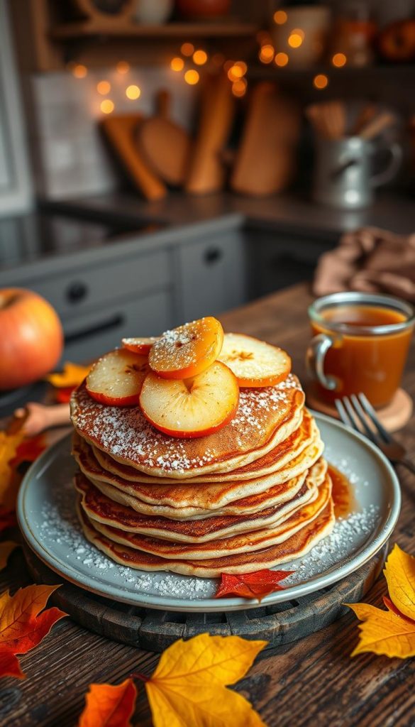 A beautifully arranged plate of fluffy apple pancakes, sprinkled with warm cinnamon, sits on a rustic wooden table. The pancakes are stacked high, with glistening slices of fresh, caramelized apples on top, lightly dusted with powdered sugar. In the background, a cozy kitchen ambiance is created with soft, golden lighting that enhances the warm colors of autumn. Surrounding the plate are delicate leaves in various shades of orange and yellow, evoking a seasonal feel. A vintage fork and a steaming cup of apple cider are placed nearby, adding to the inviting atmosphere. The overall mood is warm, welcoming, and perfect for fall, reminiscent of a Pinterest-inspired kitchen scene. The image reflects the brand "KlickKiste".